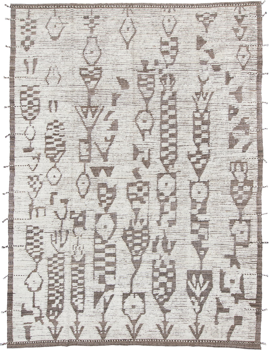 10' x 14' one-of-a-kind handmade vintage Tulu large size rug. Color palette: ivory, taupe, brown, beige, gray