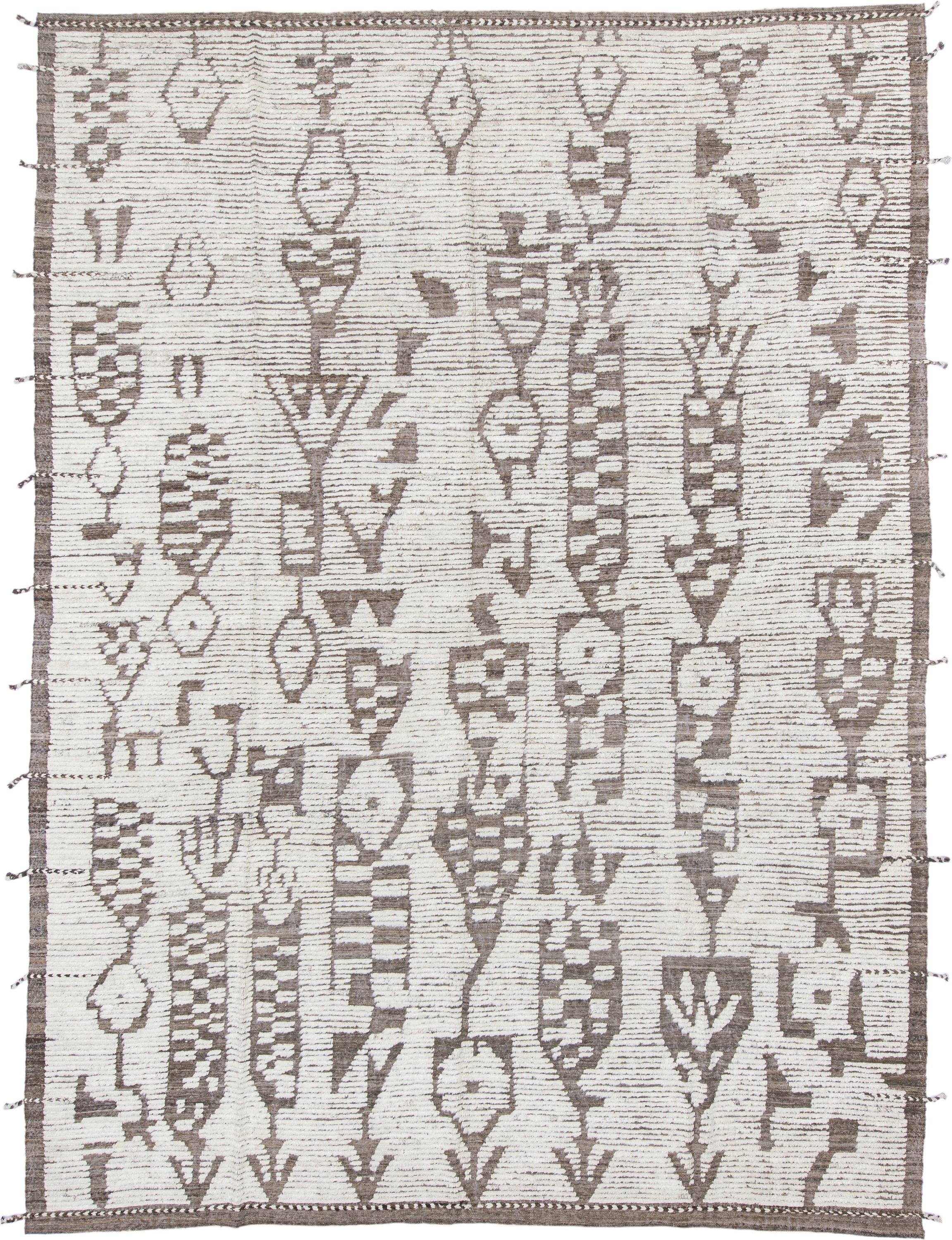 10' x 14' one-of-a-kind handmade vintage Tulu large size rug. Color palette: ivory, taupe, brown, beige, gray