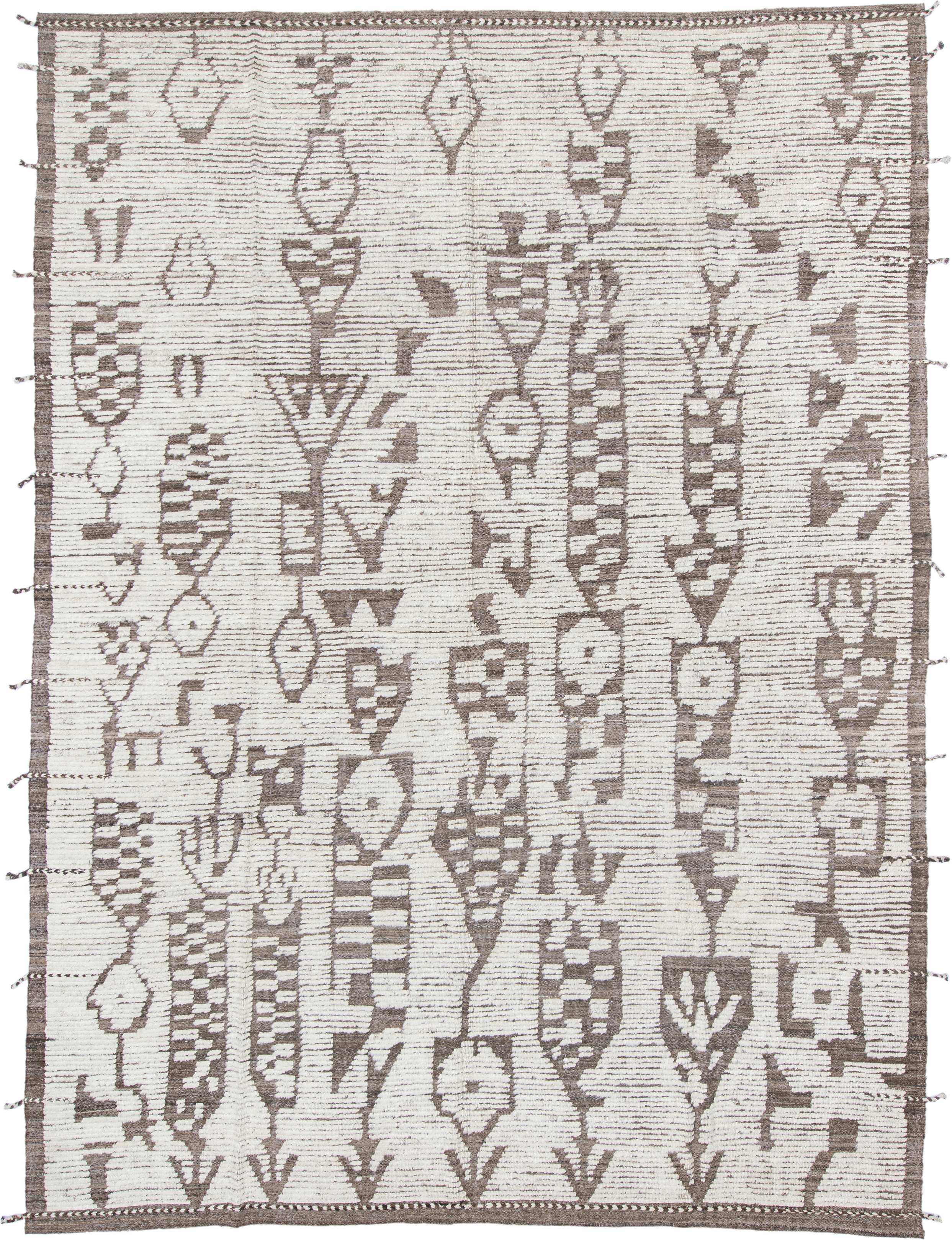 10' x 14' one-of-a-kind handmade vintage Tulu large size rug. Color palette: ivory, taupe, brown, beige, gray