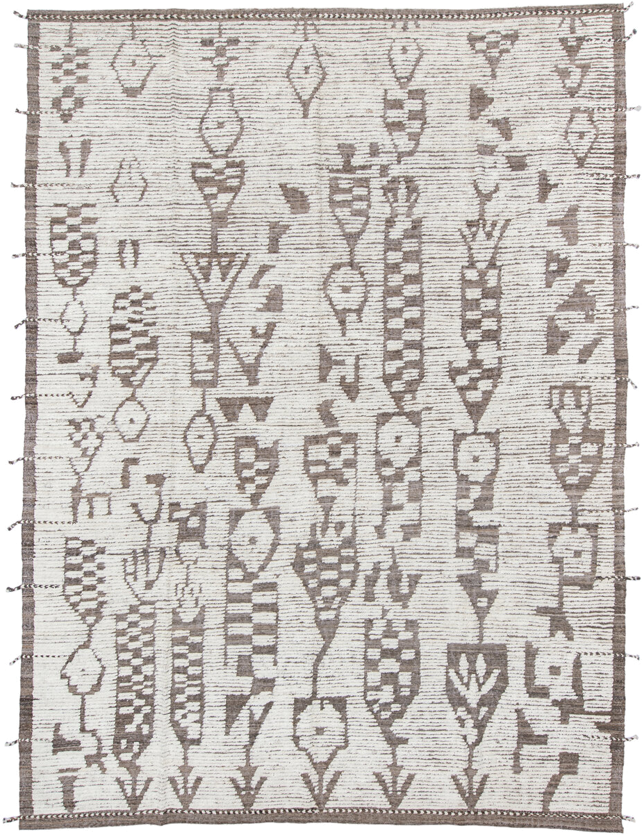 10' x 14' one-of-a-kind handmade vintage Tulu large size rug. Color palette: ivory, taupe, brown, beige, gray