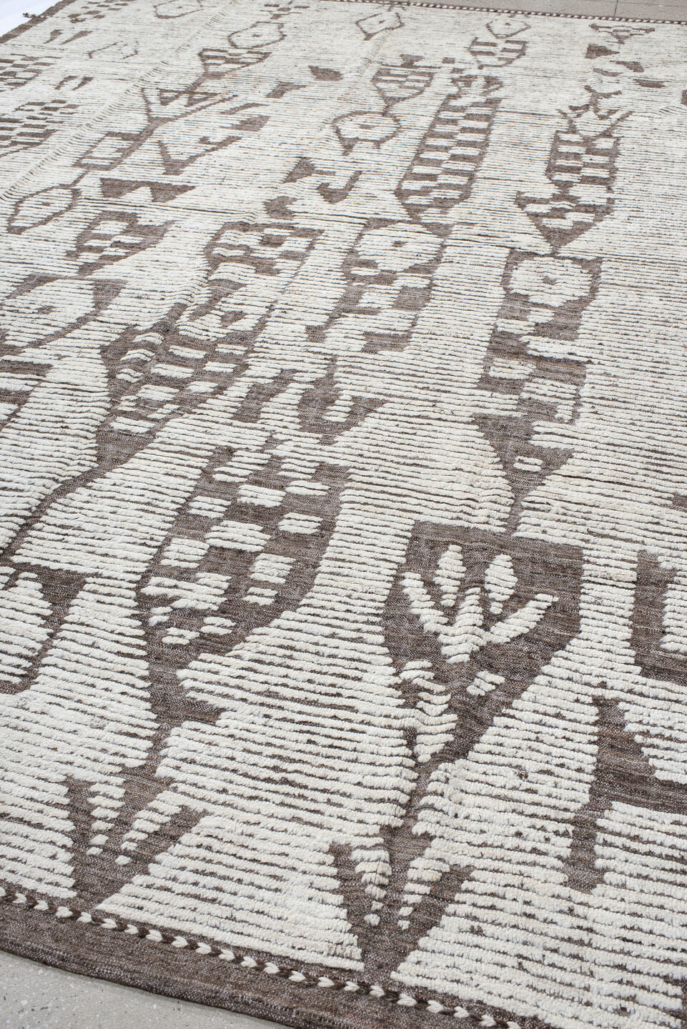 10' x 14' one-of-a-kind handmade vintage Tulu large size rug. Color palette: ivory, taupe, brown, beige, gray