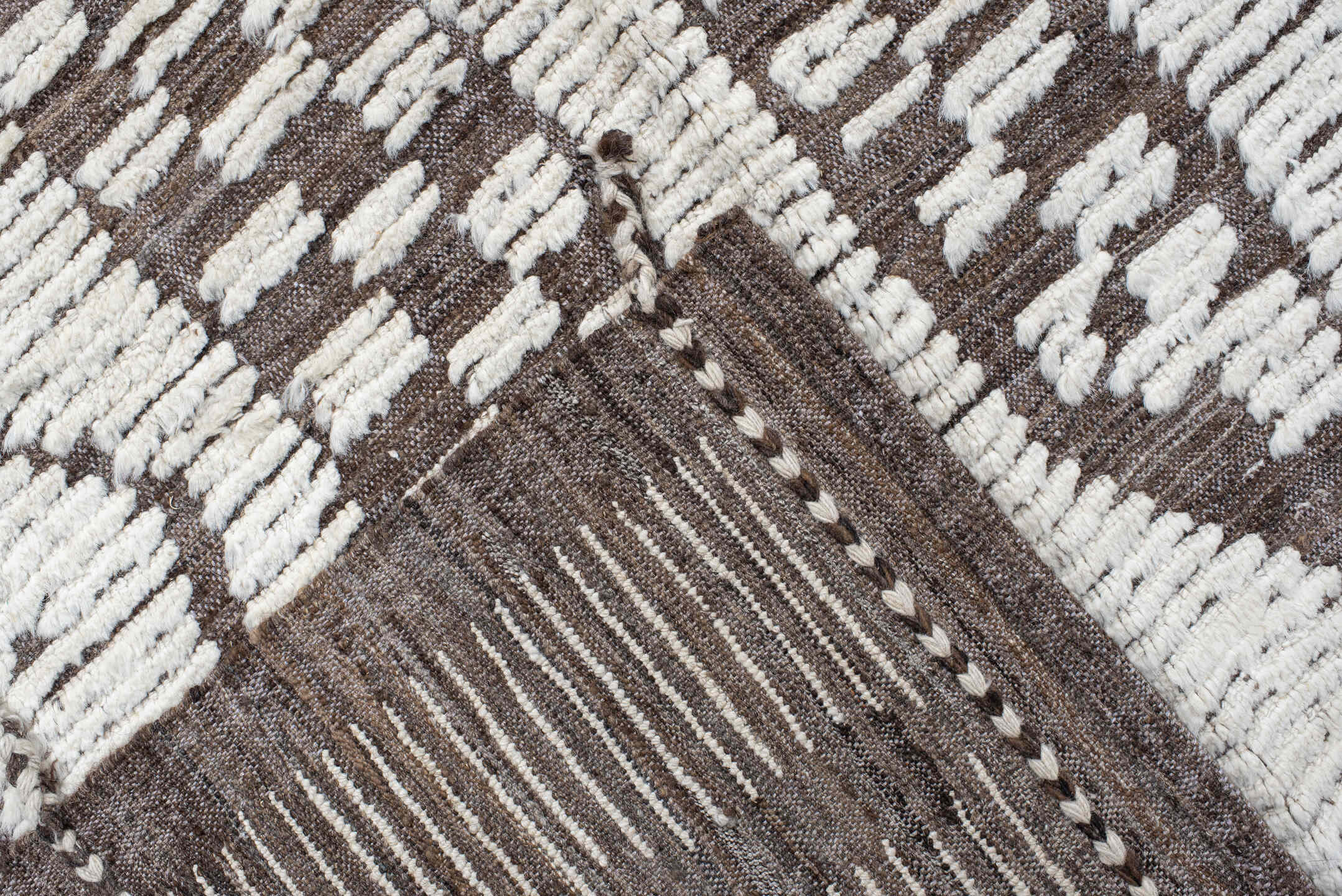 10' x 14' one-of-a-kind handmade vintage Tulu large size rug. Color palette: ivory, taupe, brown, beige, gray
