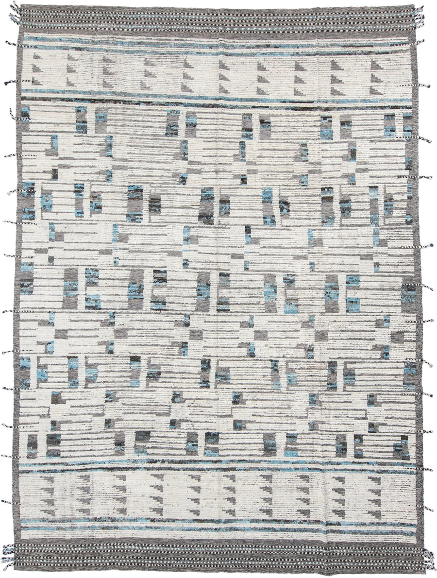 10' x 13' one-of-a-kind handmade vintage Tulu large size rug. Color palette: ivory, charcoal, turquoise, gray, black, teal