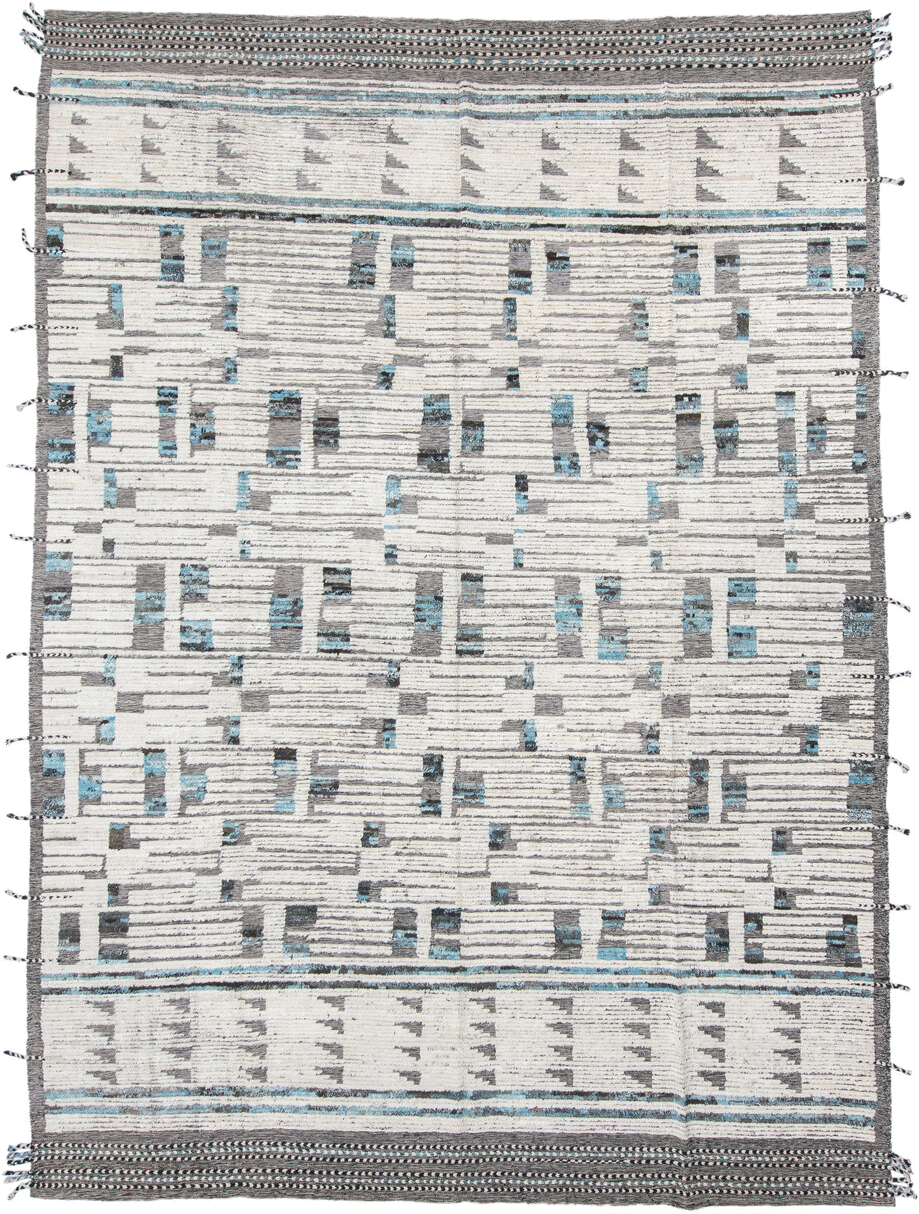 10' x 13' one-of-a-kind handmade vintage Tulu large size rug. Color palette: ivory, charcoal, turquoise, gray, black, teal