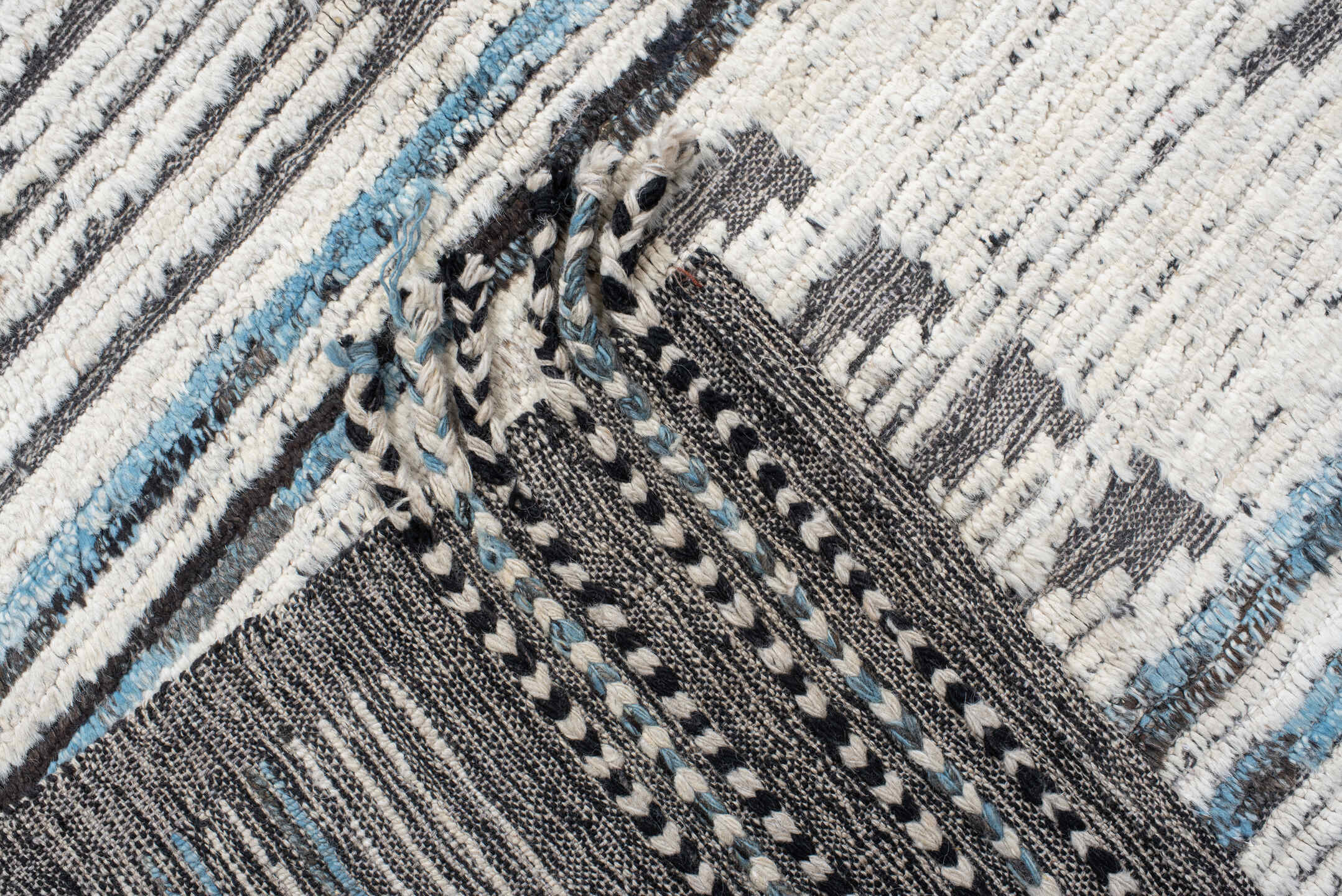 10' x 13' one-of-a-kind handmade vintage Tulu large size rug. Color palette: gray, off-white, light gray, black, light blue