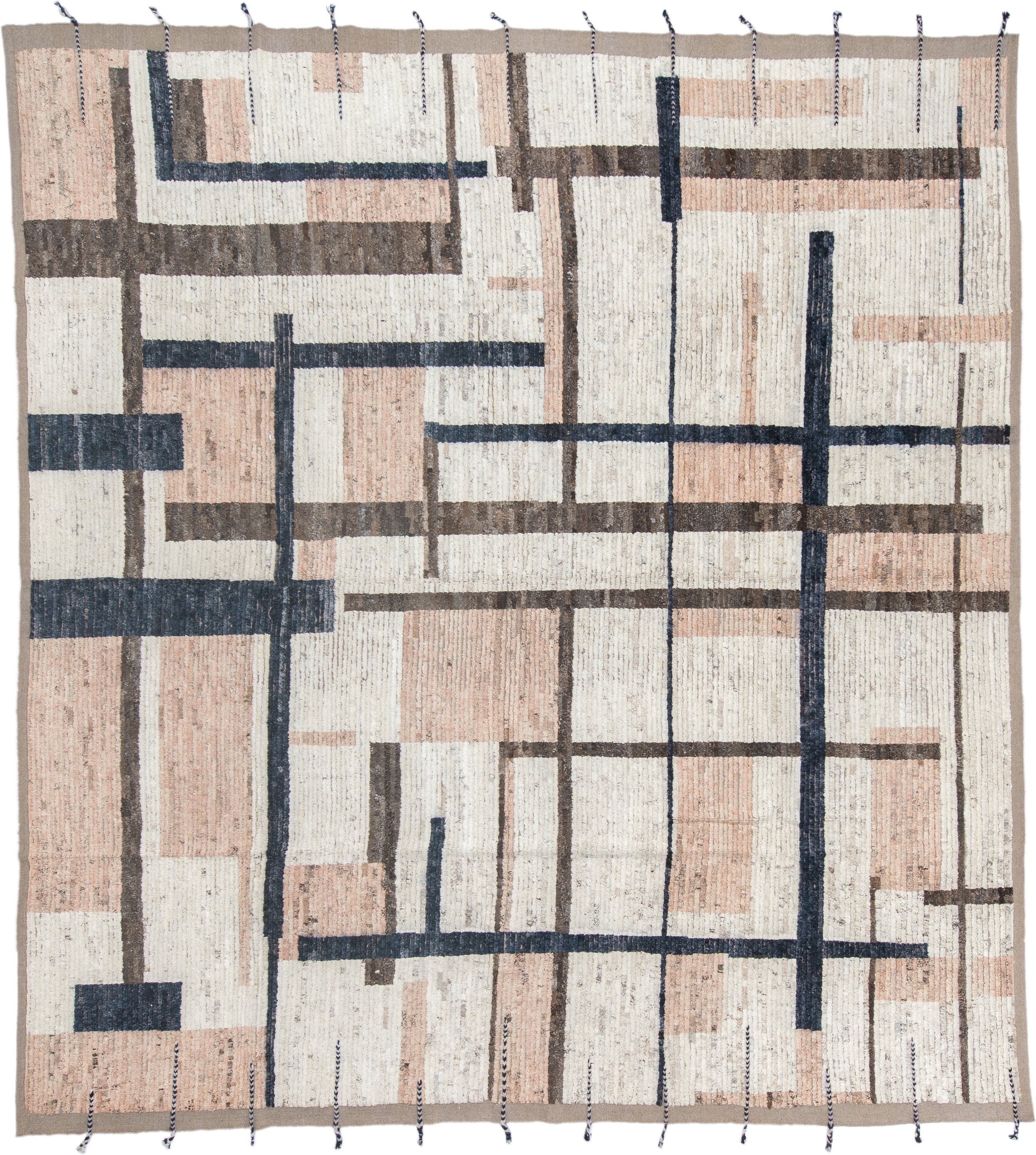 11' x 12' one-of-a-kind handmade vintage Tulu oversize rug. Color palette: ivory, blush, charcoal, taupe, brown, pink, gray