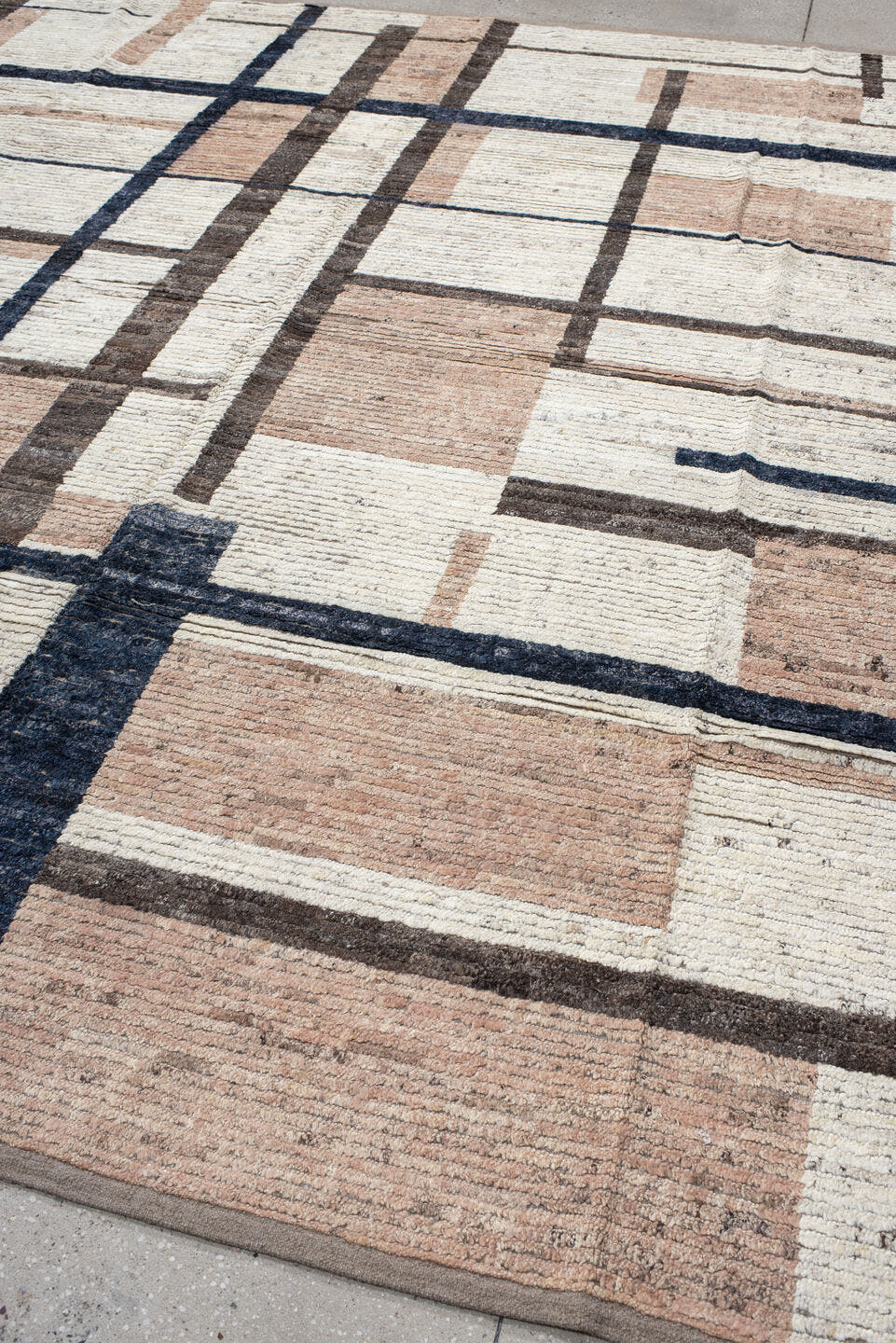 11' x 12' one-of-a-kind handmade vintage Tulu oversize rug. Color palette: ivory, blush, charcoal, taupe, brown, pink, gray