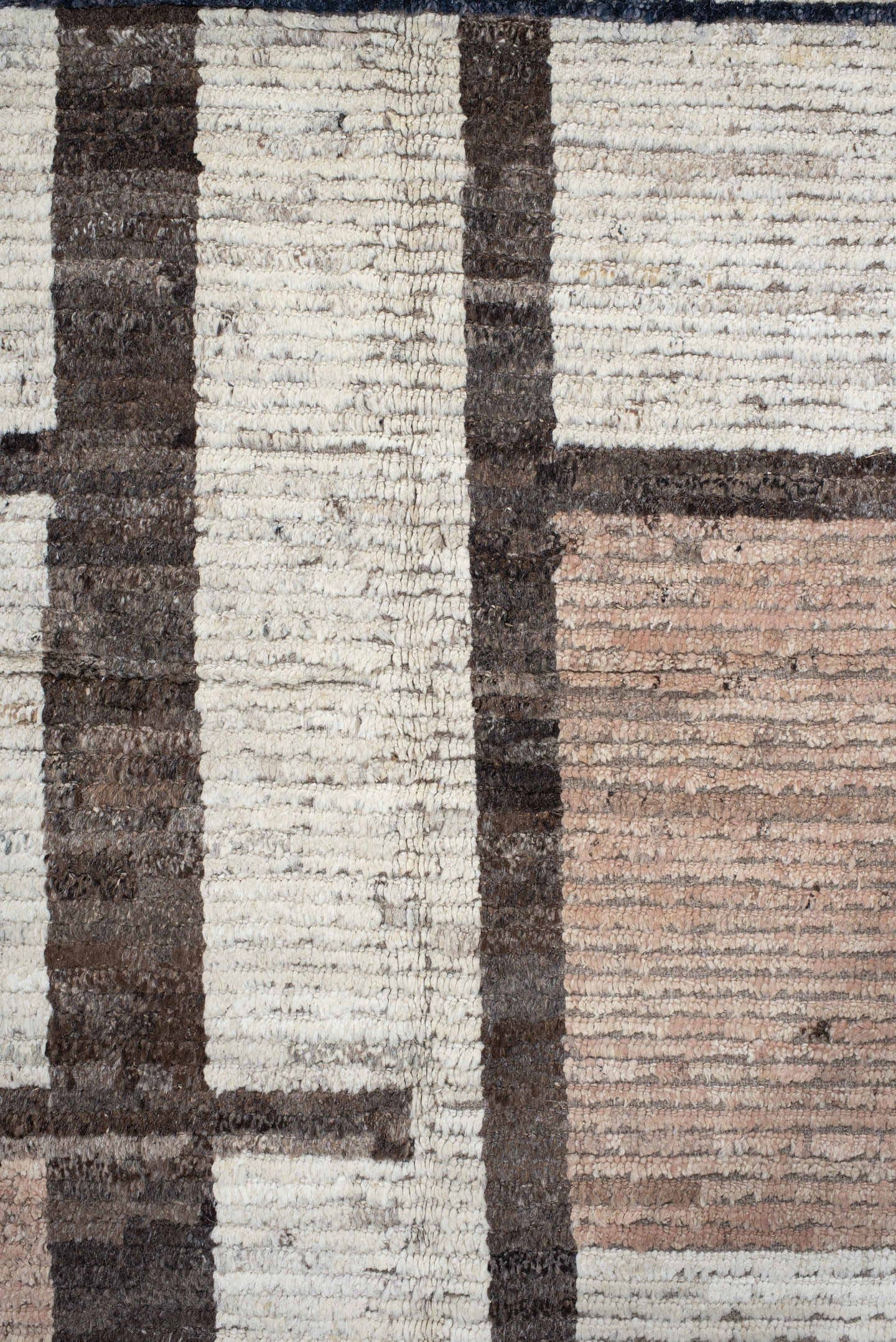 11' x 12' one-of-a-kind handmade vintage Tulu oversize rug. Color palette: ivory, blush, charcoal, taupe, brown, pink, gray
