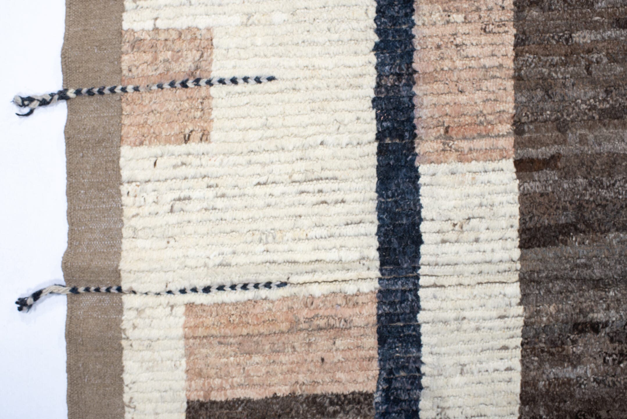 11' x 12' one-of-a-kind handmade vintage Tulu oversize rug. Color palette: ivory, blush, charcoal, taupe, brown, pink, gray