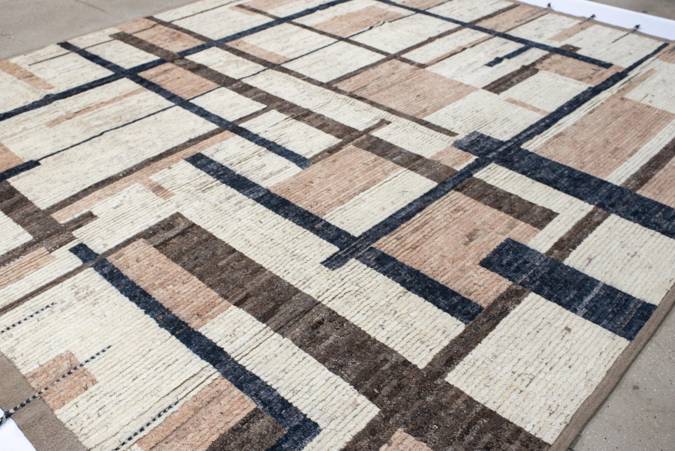 11' x 12' one-of-a-kind handmade vintage Tulu oversize rug. Color palette: ivory, blush, charcoal, taupe, brown, pink, gray