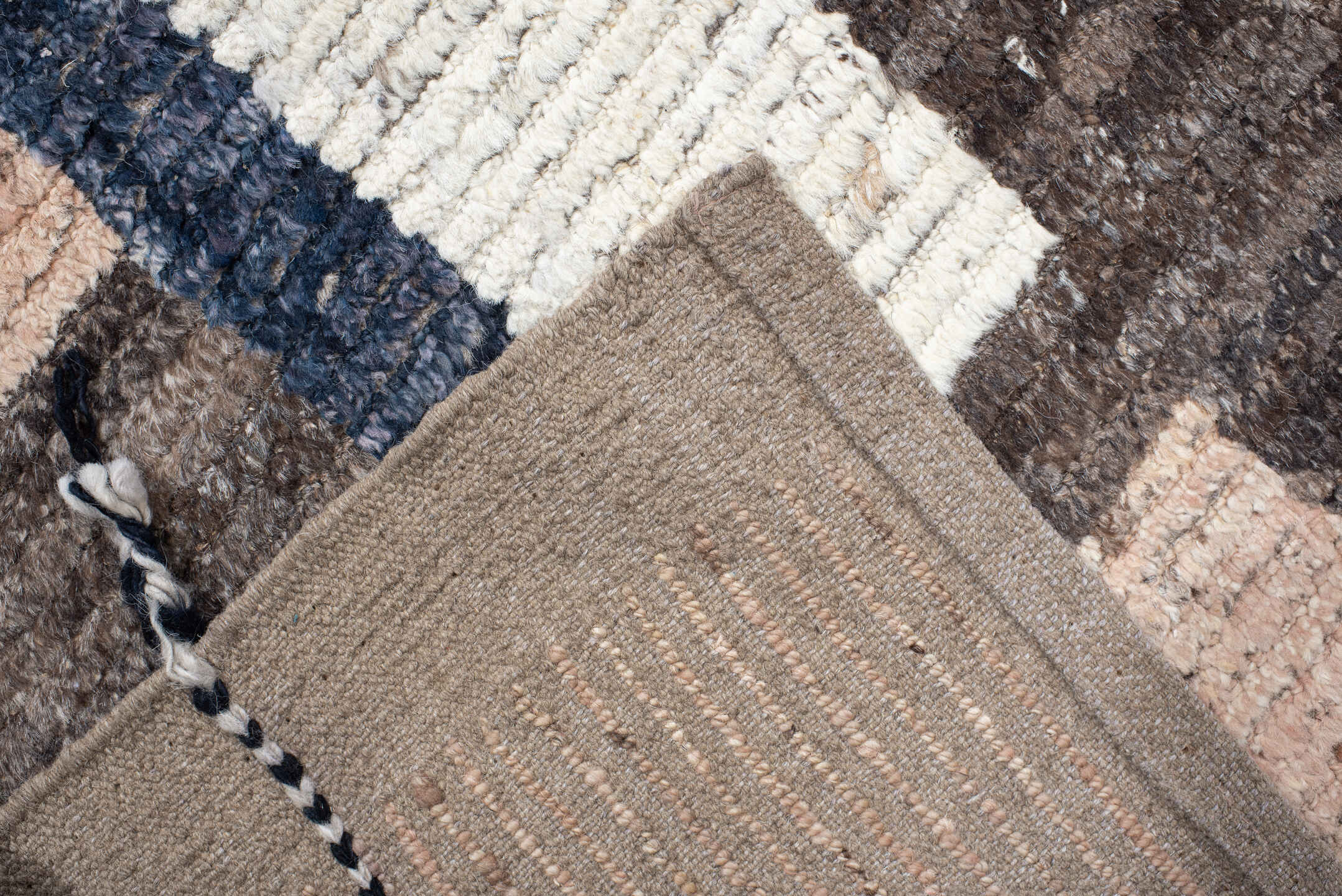 11' x 12' one-of-a-kind handmade vintage Tulu oversize rug. Color palette: ivory, blush, charcoal, taupe, brown, pink, gray