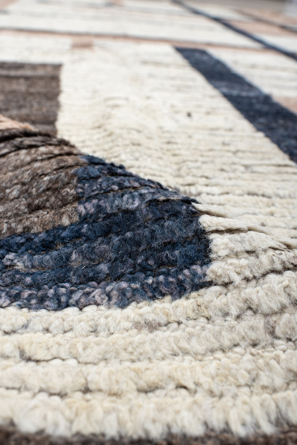 11' x 12' one-of-a-kind handmade vintage Tulu oversize rug. Color palette: ivory, blush, charcoal, taupe, brown, pink, gray