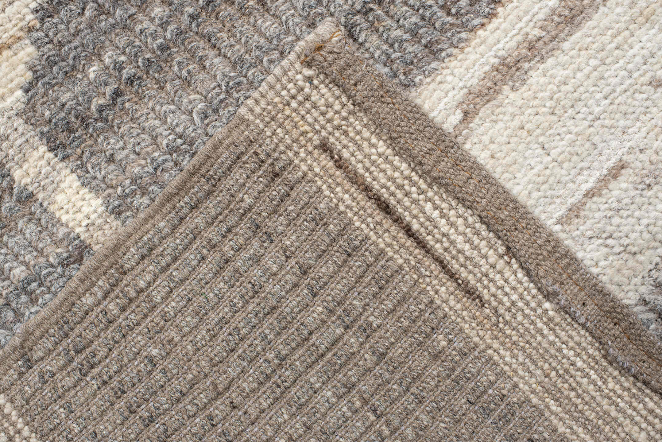 10' x 13' one-of-a-kind handmade vintage Tulu large size rug. Color palette: gray, off-white, light gray, dark gray