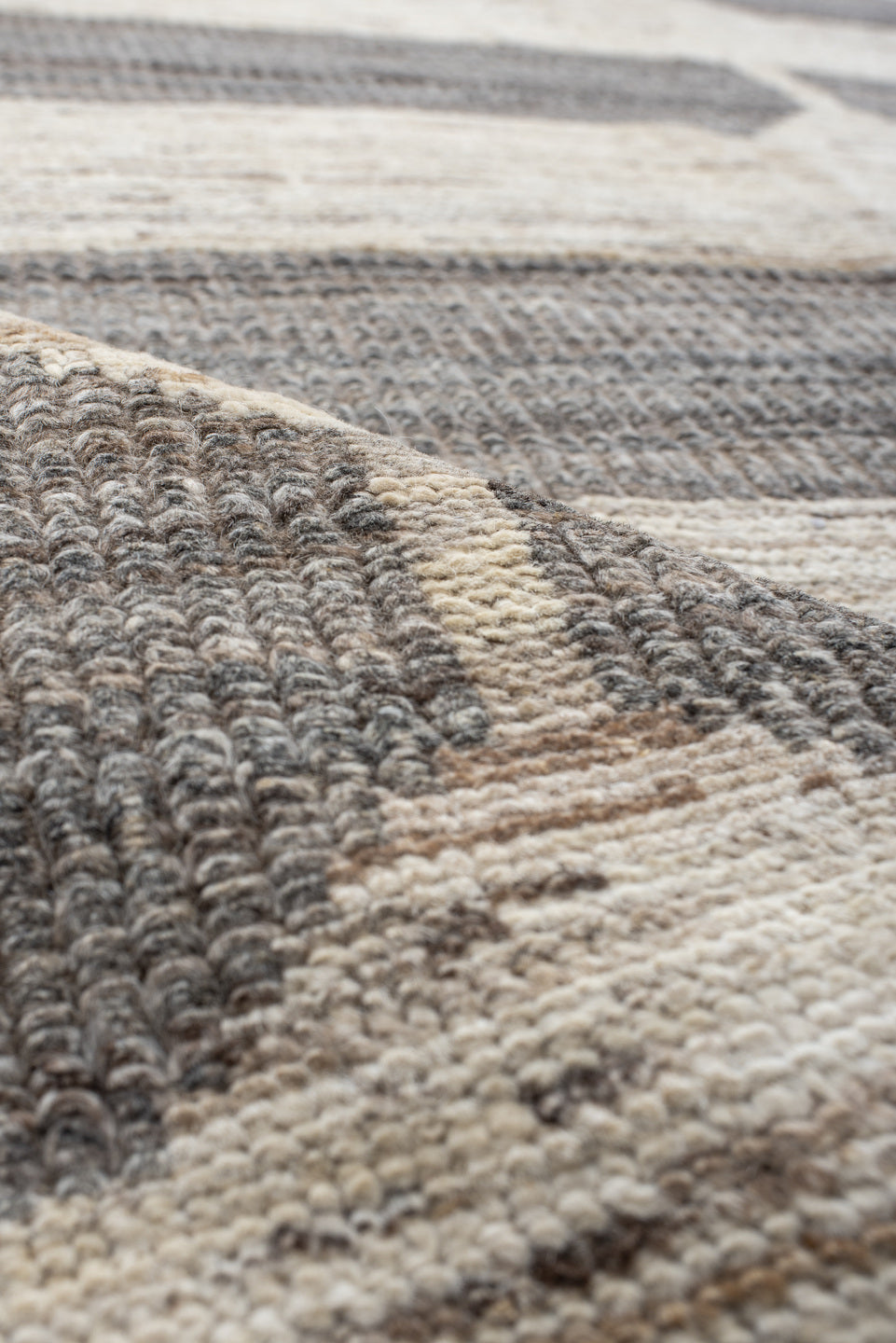 10' x 13' one-of-a-kind handmade vintage Tulu large size rug. Color palette: gray, off-white, light gray, dark gray