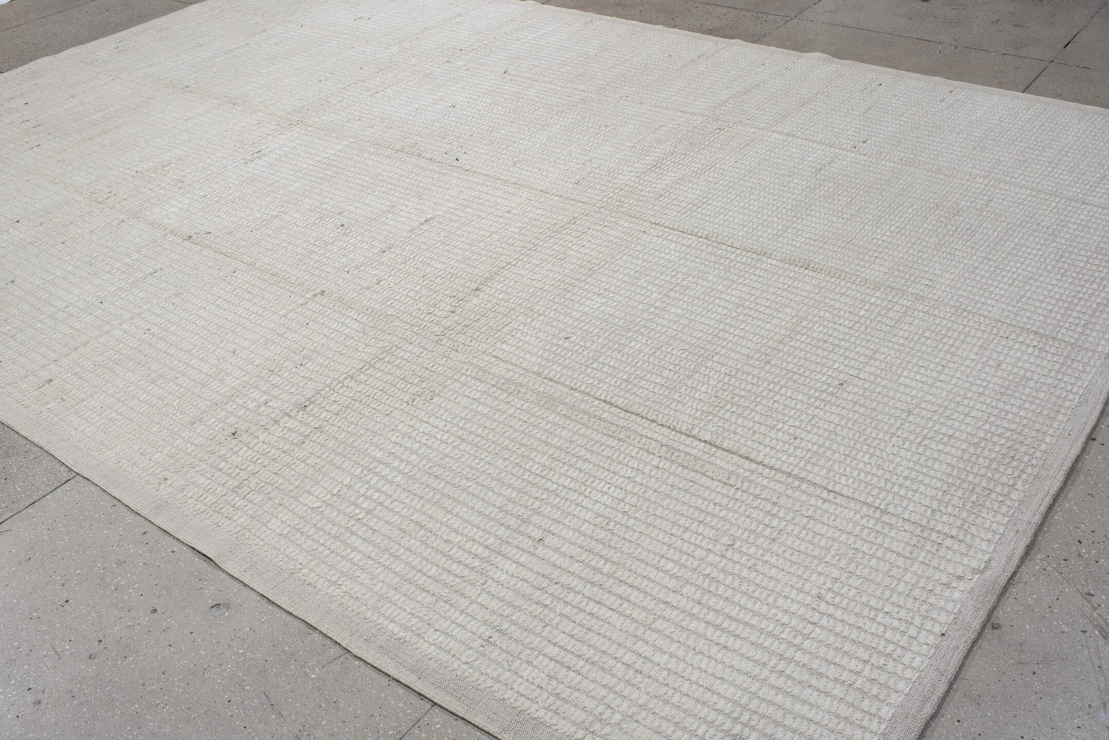 9' x 12' one-of-a-kind handmade vintage Tulu large size rug. Color palette: ivory, cream, beige, taupe, gray