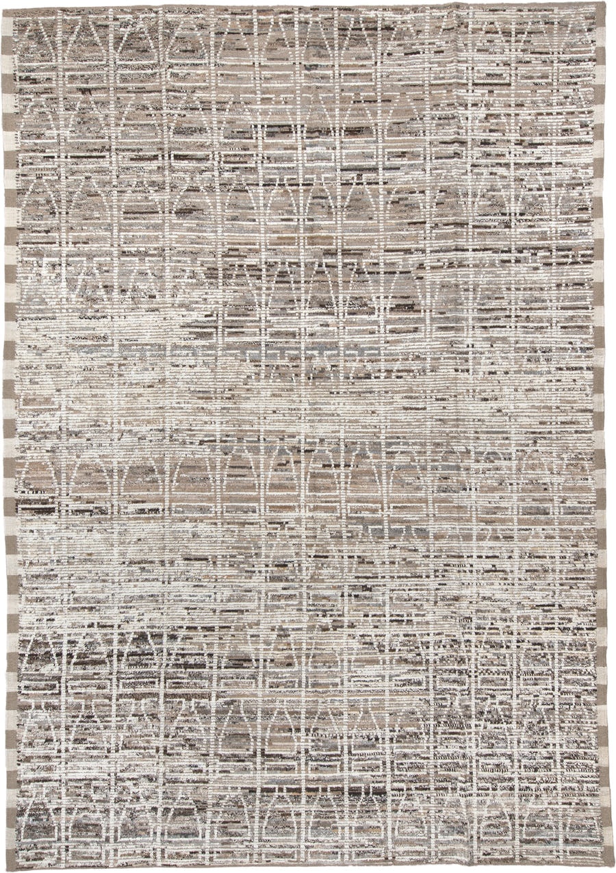 9' x 14' one-of-a-kind handmade vintage Tulu large size rug. Color palette: ivory, taupe, beige, brown, charcoal, gray