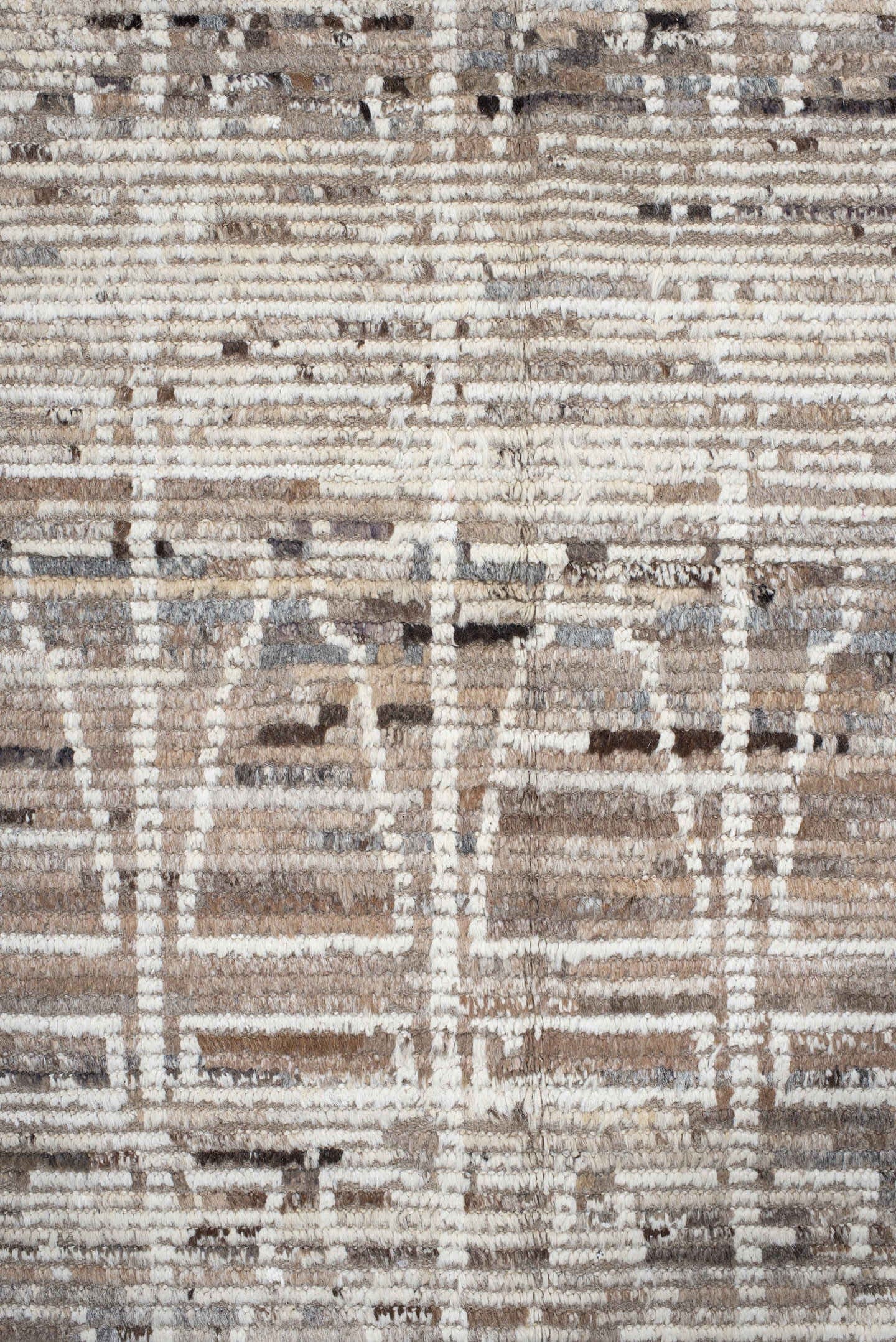 9' x 14' one-of-a-kind handmade vintage Tulu large size rug. Color palette: ivory, taupe, beige, brown, charcoal, gray