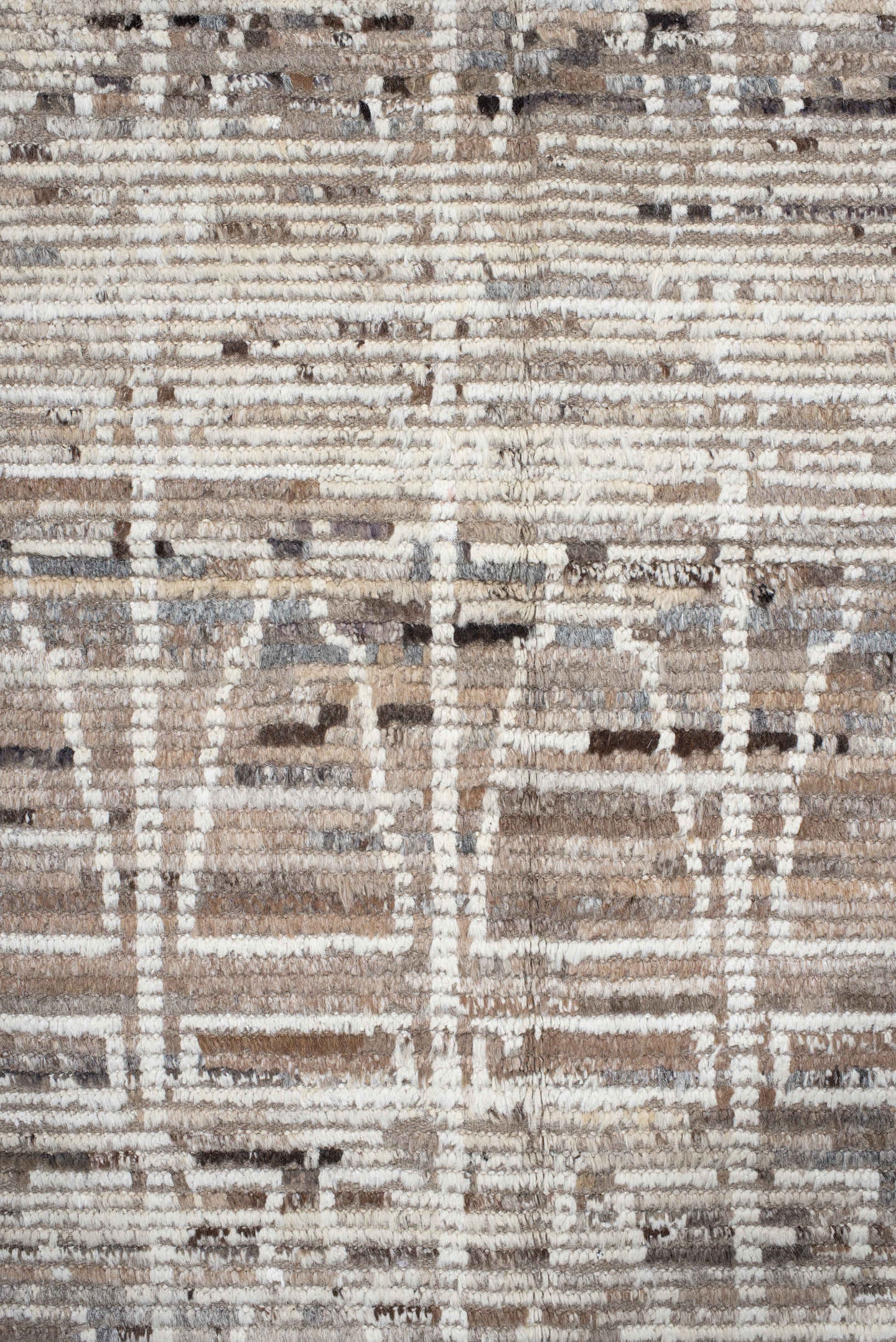 9' x 14' one-of-a-kind handmade vintage Tulu large size rug. Color palette: ivory, taupe, beige, brown, charcoal, gray