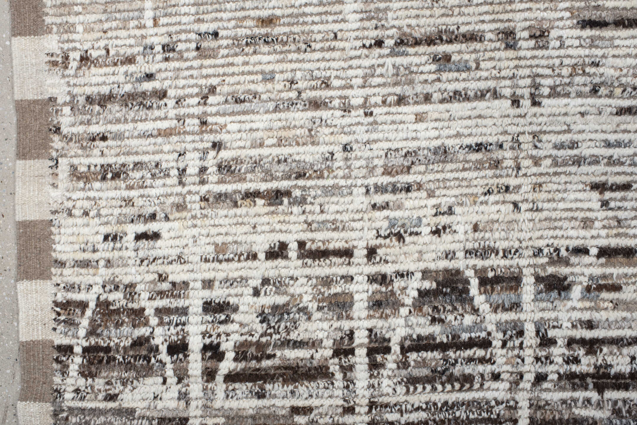 9' x 14' one-of-a-kind handmade vintage Tulu large size rug. Color palette: ivory, taupe, beige, brown, charcoal, gray