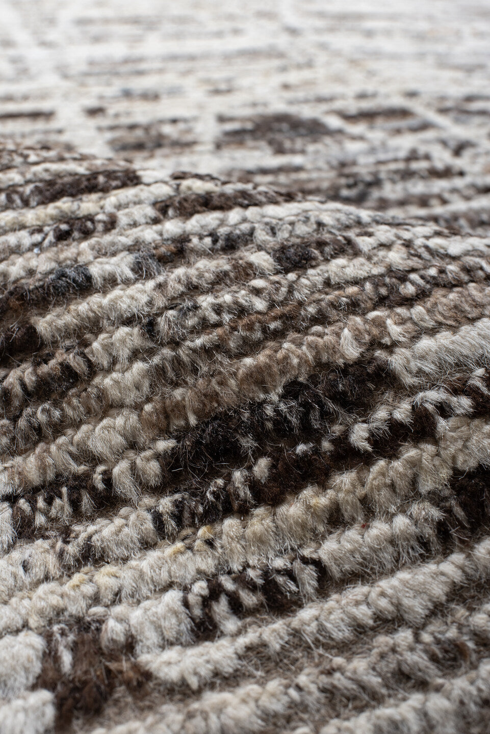 9' x 14' one-of-a-kind handmade vintage Tulu large size rug. Color palette: ivory, taupe, beige, brown, charcoal, gray