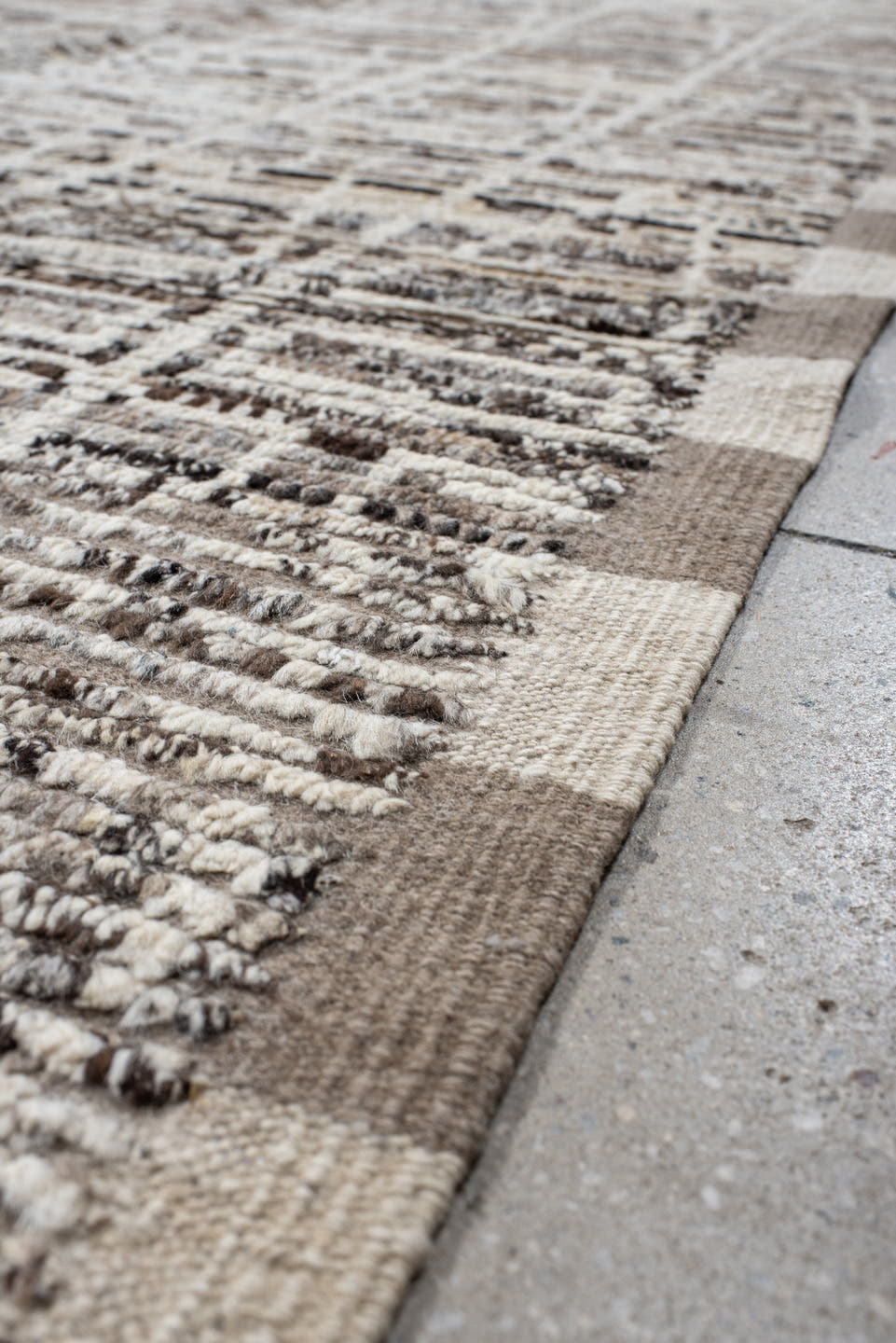 9' x 14' one-of-a-kind handmade vintage Tulu large size rug. Color palette: ivory, taupe, beige, brown, charcoal, gray
