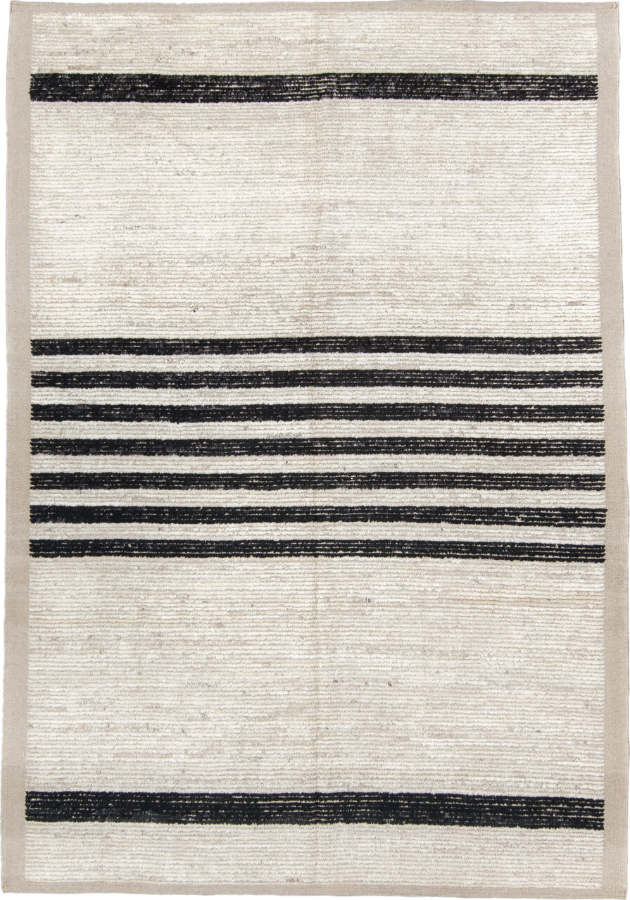 6' x 9' one-of-a-kind handmade vintage Tulu medium size rug. Color palette: beige, black, charcoal, dim gray, floral white
