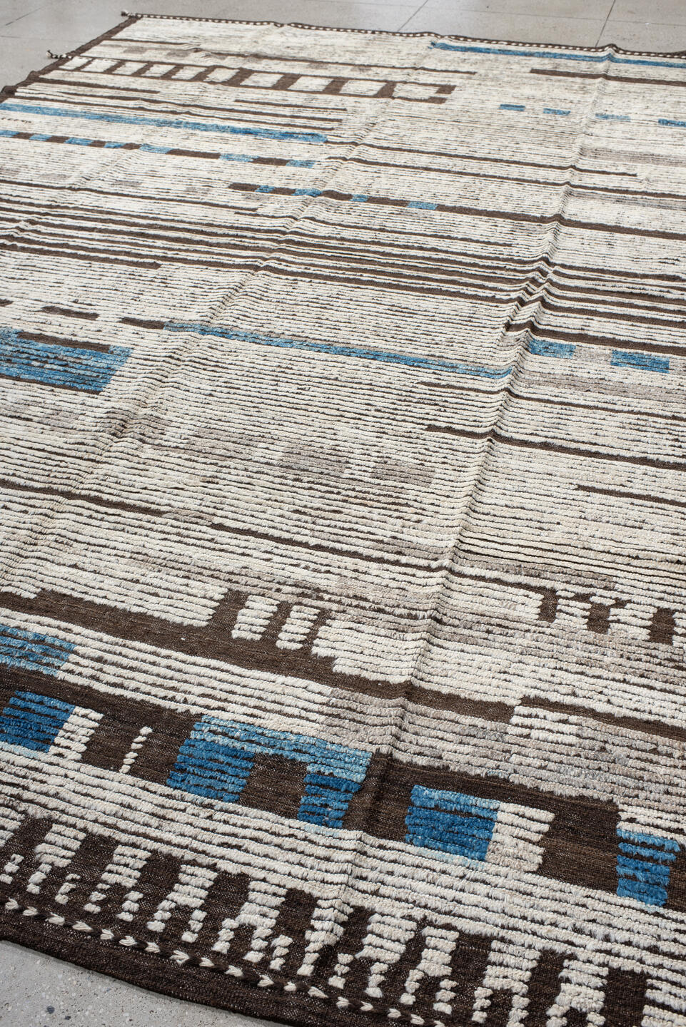 10' x 14' one-of-a-kind handmade vintage Tulu large size rug. Color palette: gray, off-white, blue, light blue, light gray