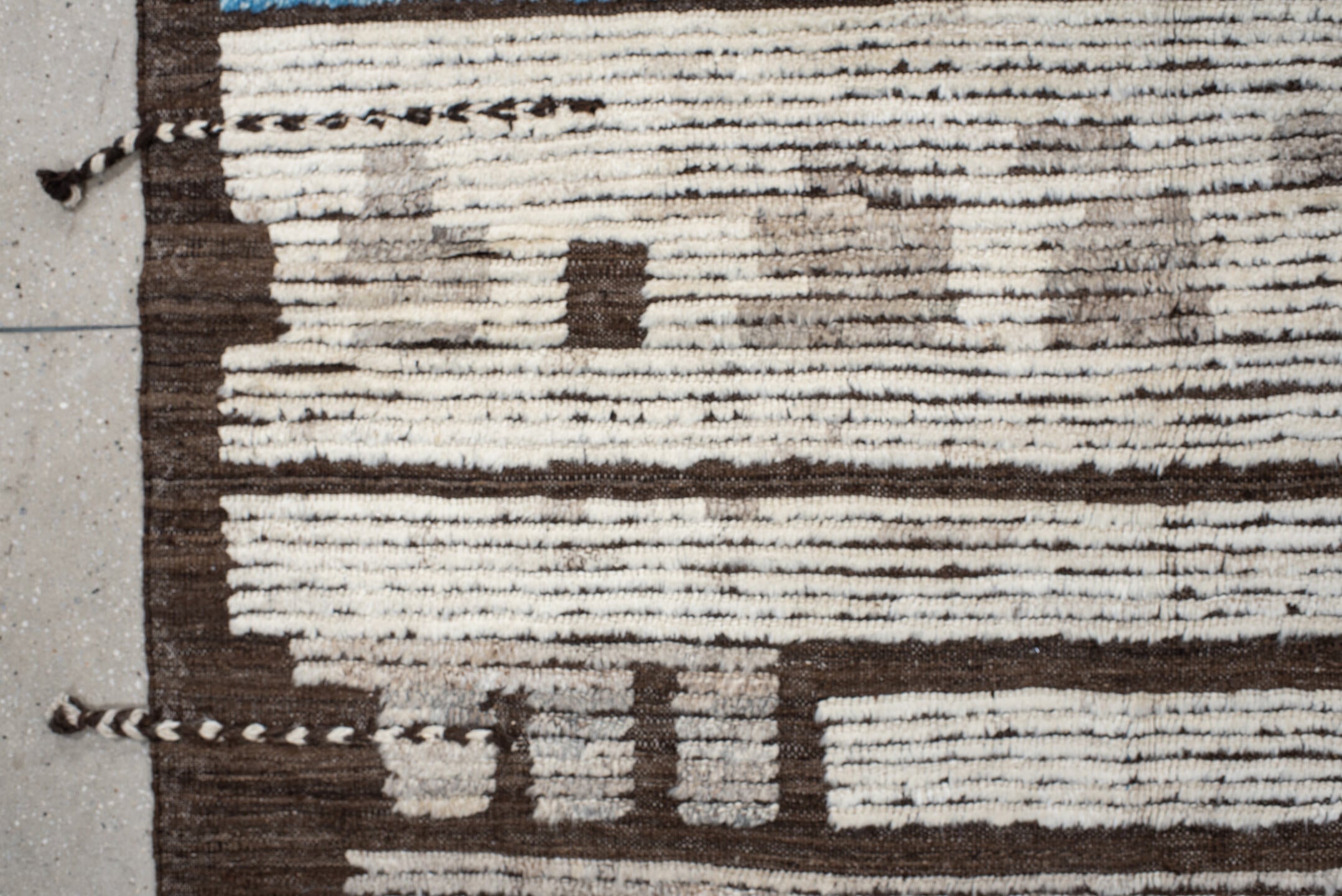 10' x 14' one-of-a-kind handmade vintage Tulu large size rug. Color palette: gray, off-white, blue, light blue, light gray