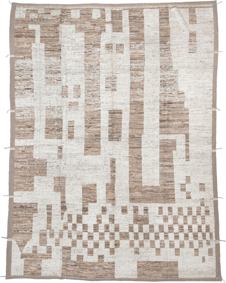 10' x 14' one-of-a-kind handmade vintage Tulu large size rug. Color palette: ivory, taupe, beige, camel, cream, gray