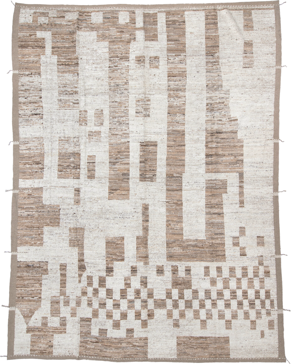 10' x 14' one-of-a-kind handmade vintage Tulu large size rug. Color palette: dark gray, gainsboro, gray, light gray, linen