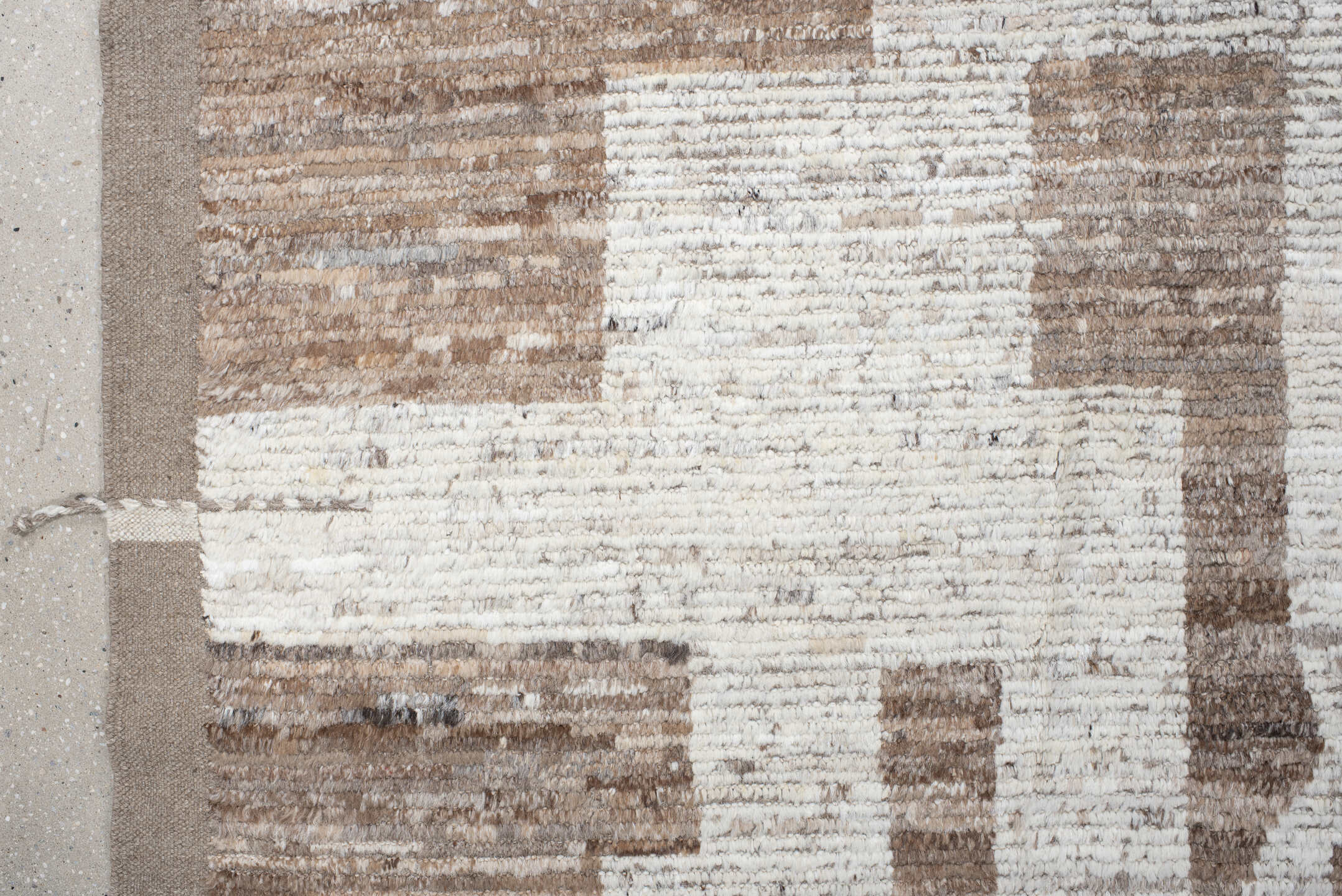 10' x 14' one-of-a-kind handmade vintage Tulu large size rug. Color palette: ivory, taupe, beige, camel, cream, gray