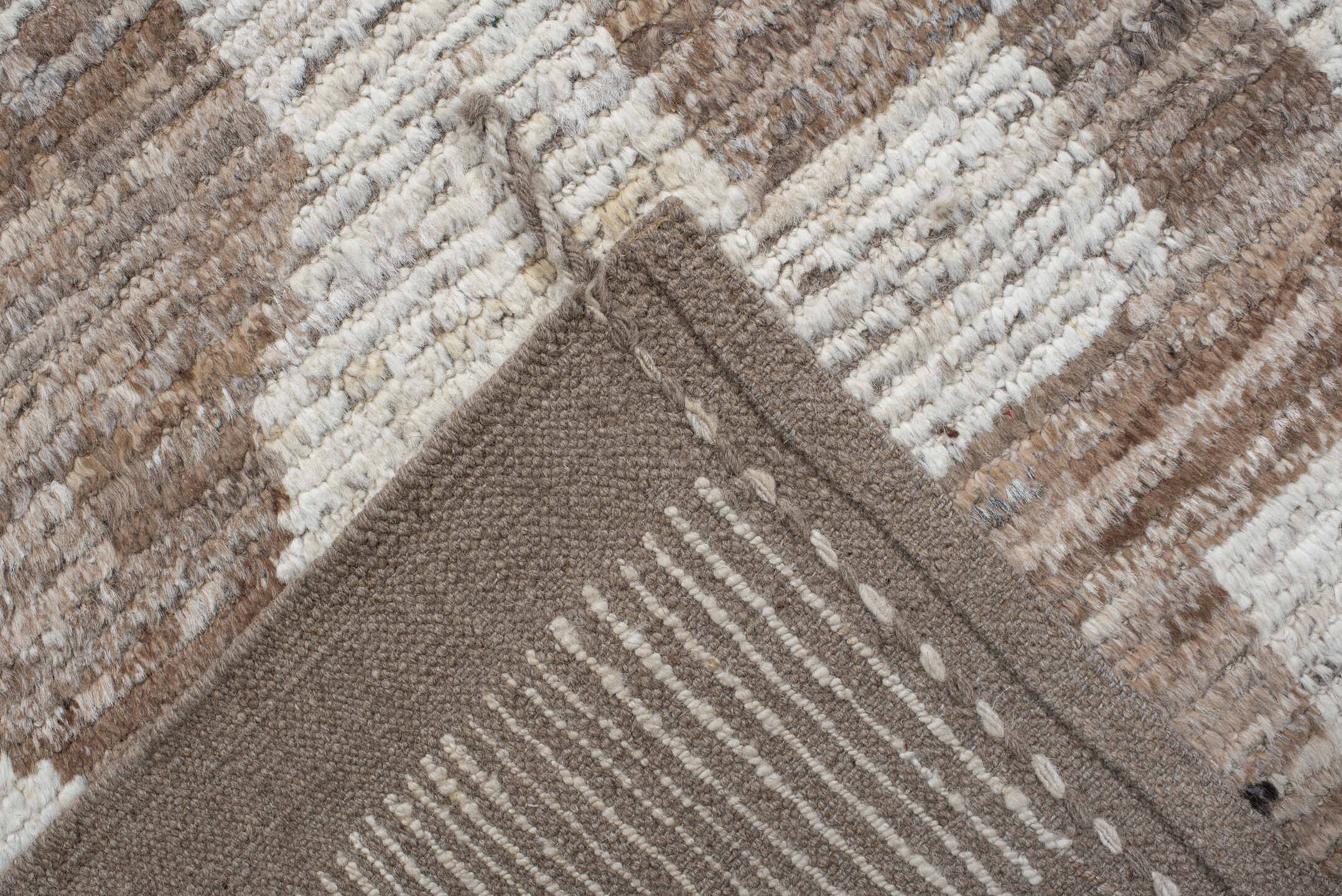 10' x 14' one-of-a-kind handmade vintage Tulu large size rug. Color palette: ivory, taupe, beige, camel, cream, gray