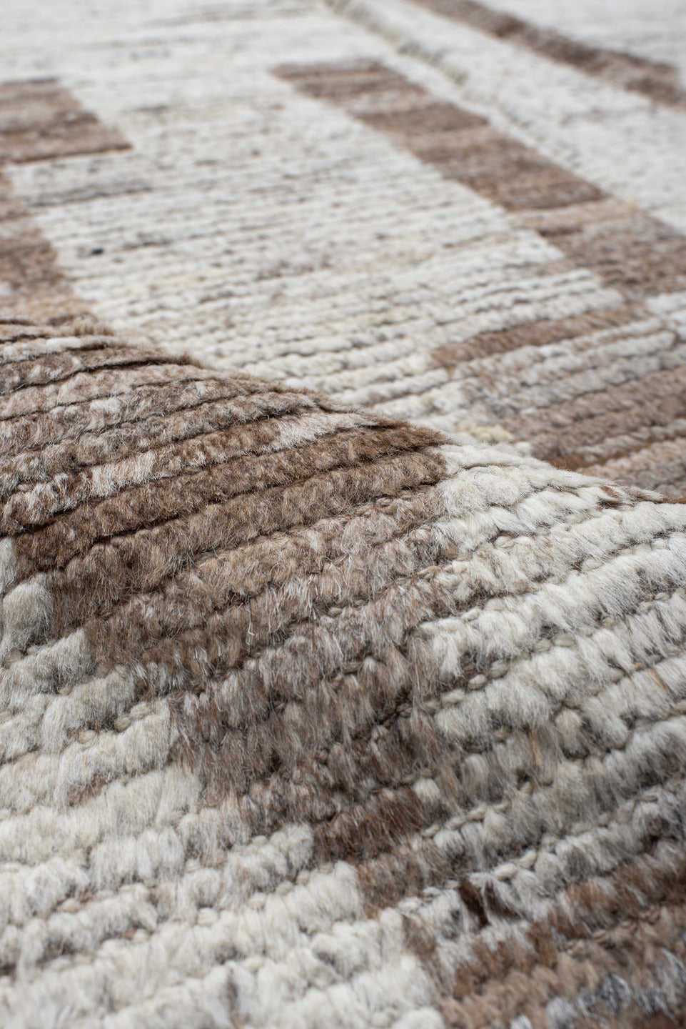 10' x 14' one-of-a-kind handmade vintage Tulu large size rug. Color palette: ivory, taupe, beige, camel, cream, gray