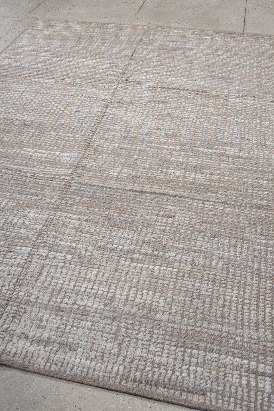 6' x 9' one-of-a-kind handmade vintage Tulu medium size rug. Color palette: ivory, taupe, beige, cream, light gray, gray