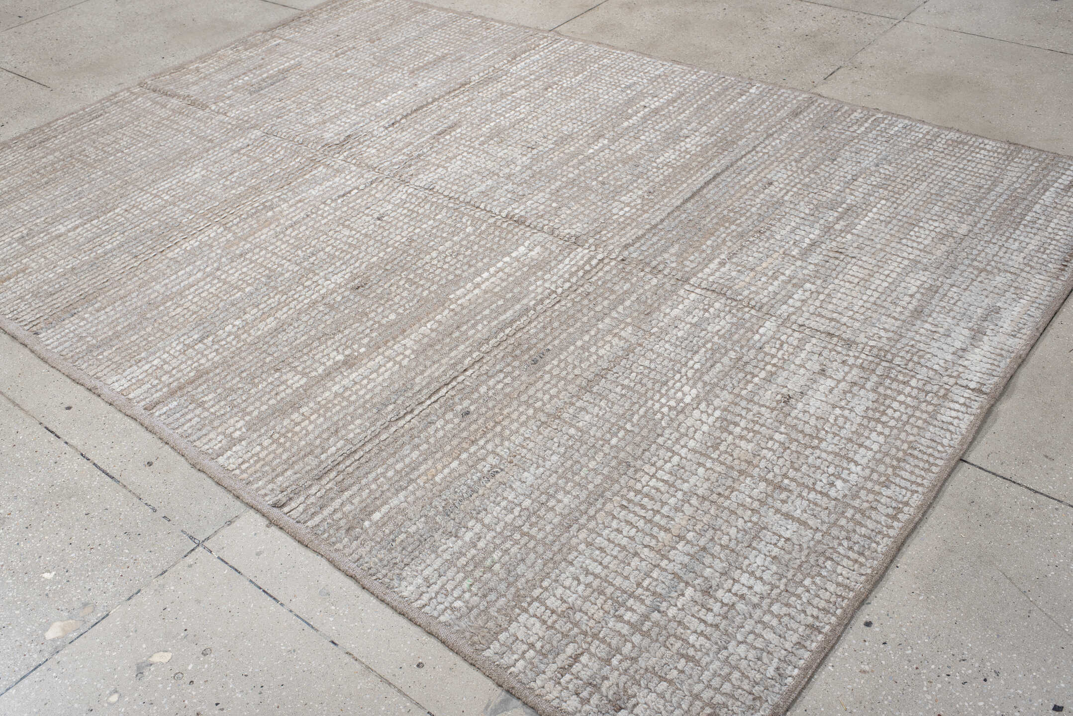 6' x 9' one-of-a-kind handmade vintage Tulu medium size rug. Color palette: ivory, taupe, beige, cream, light gray, gray
