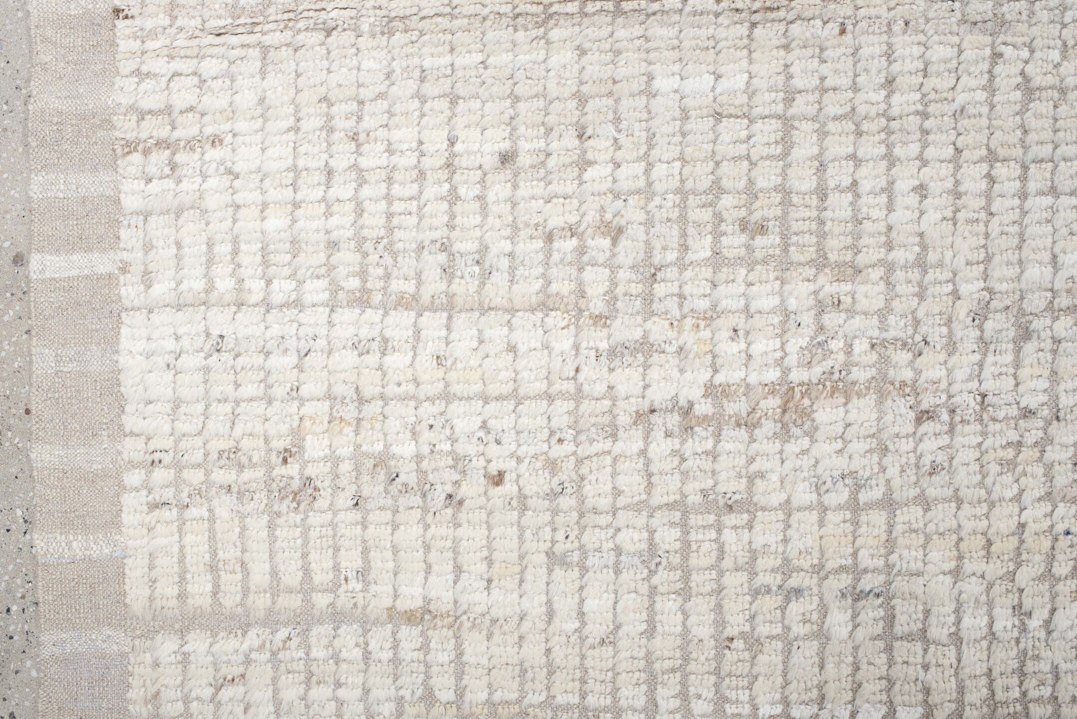 12' x 12' one-of-a-kind handmade vintage Tulu oversize rug. Color palette: ivory, beige, taupe, cream, gray