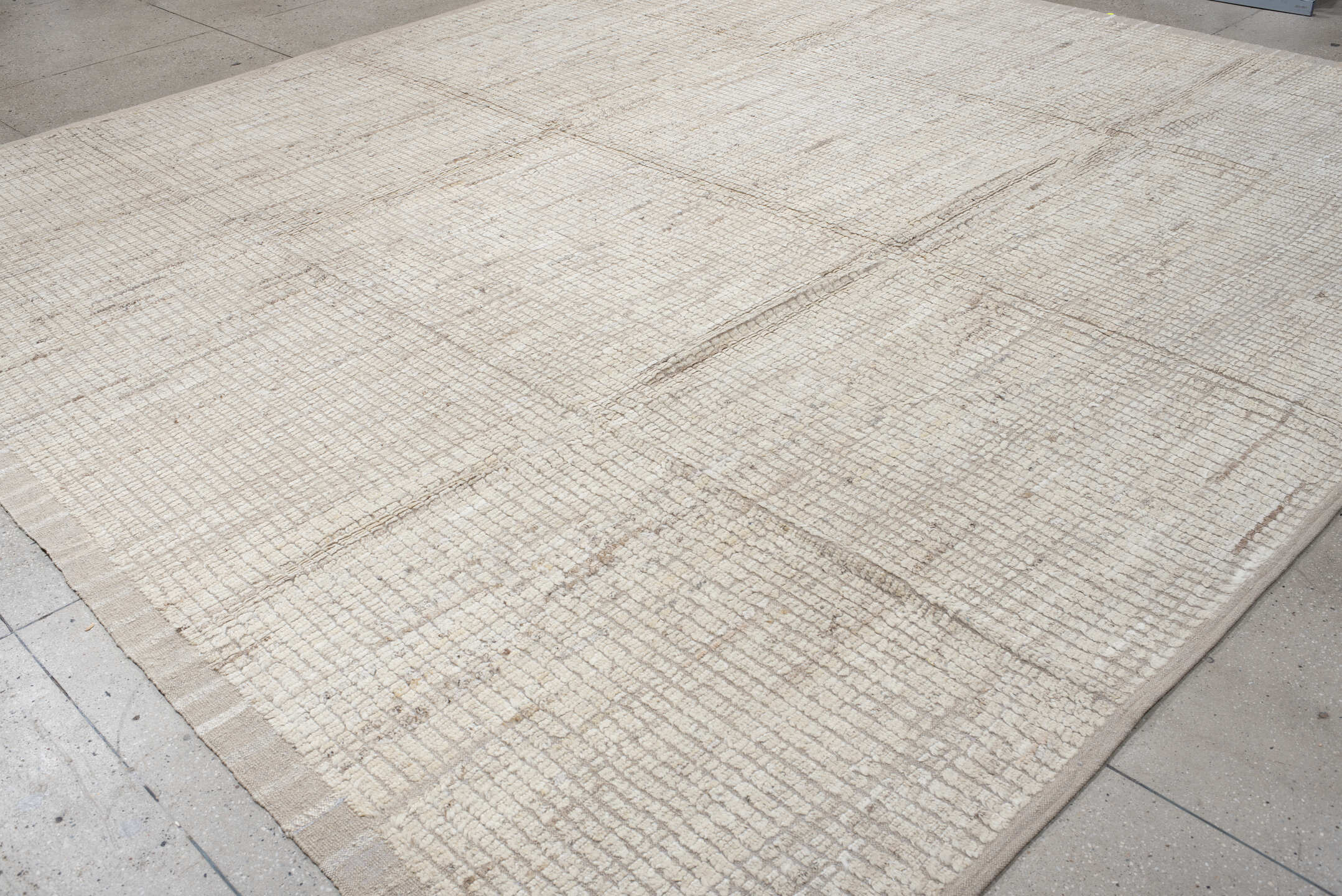 12' x 12' one-of-a-kind handmade vintage Tulu oversize rug. Color palette: ivory, beige, taupe, cream, gray