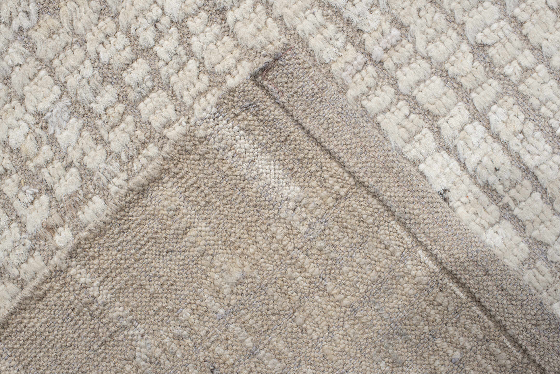 12' x 12' one-of-a-kind handmade vintage Tulu oversize rug. Color palette: ivory, beige, taupe, cream, gray