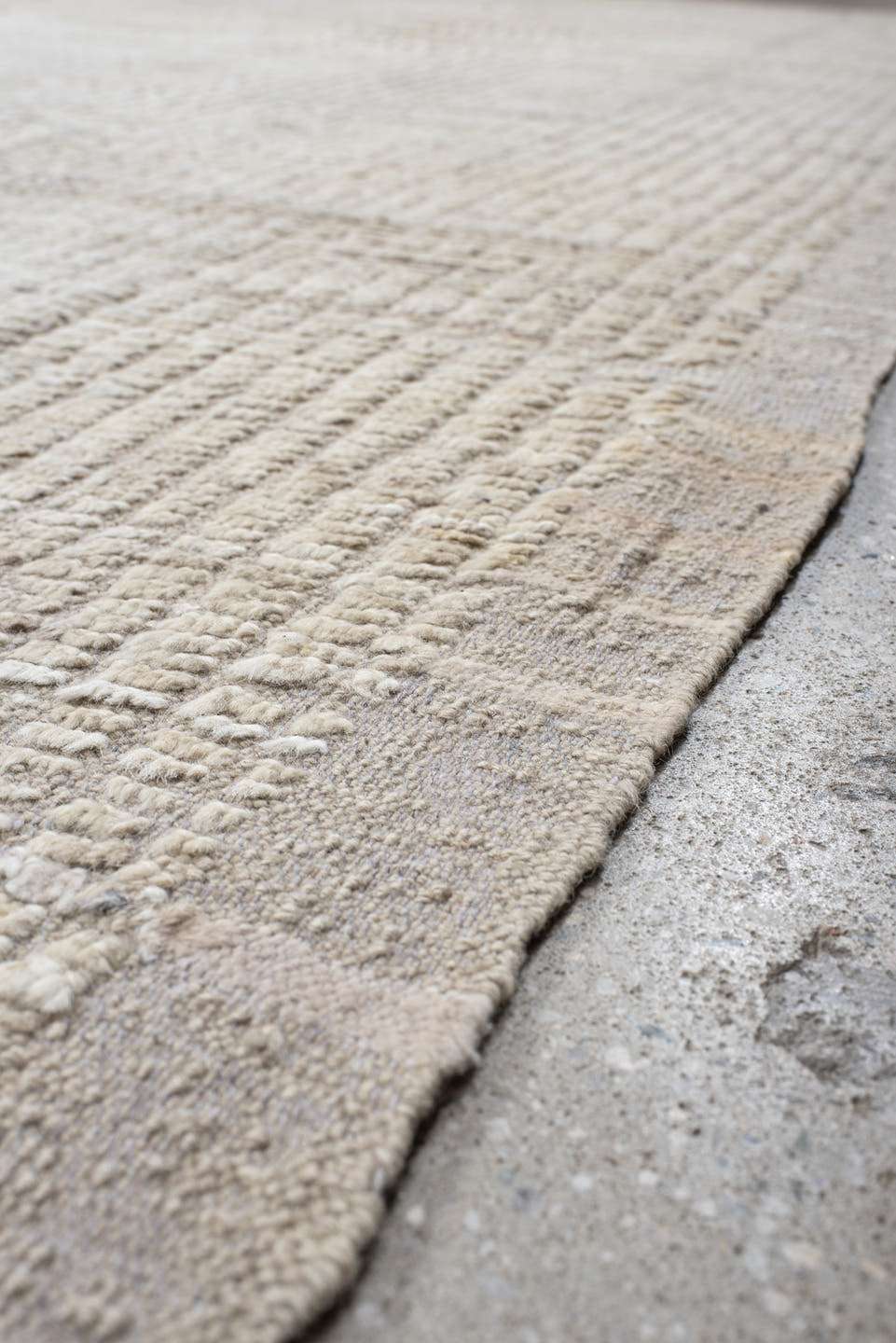 12' x 12' one-of-a-kind handmade vintage Tulu oversize rug. Color palette: ivory, beige, taupe, cream, gray
