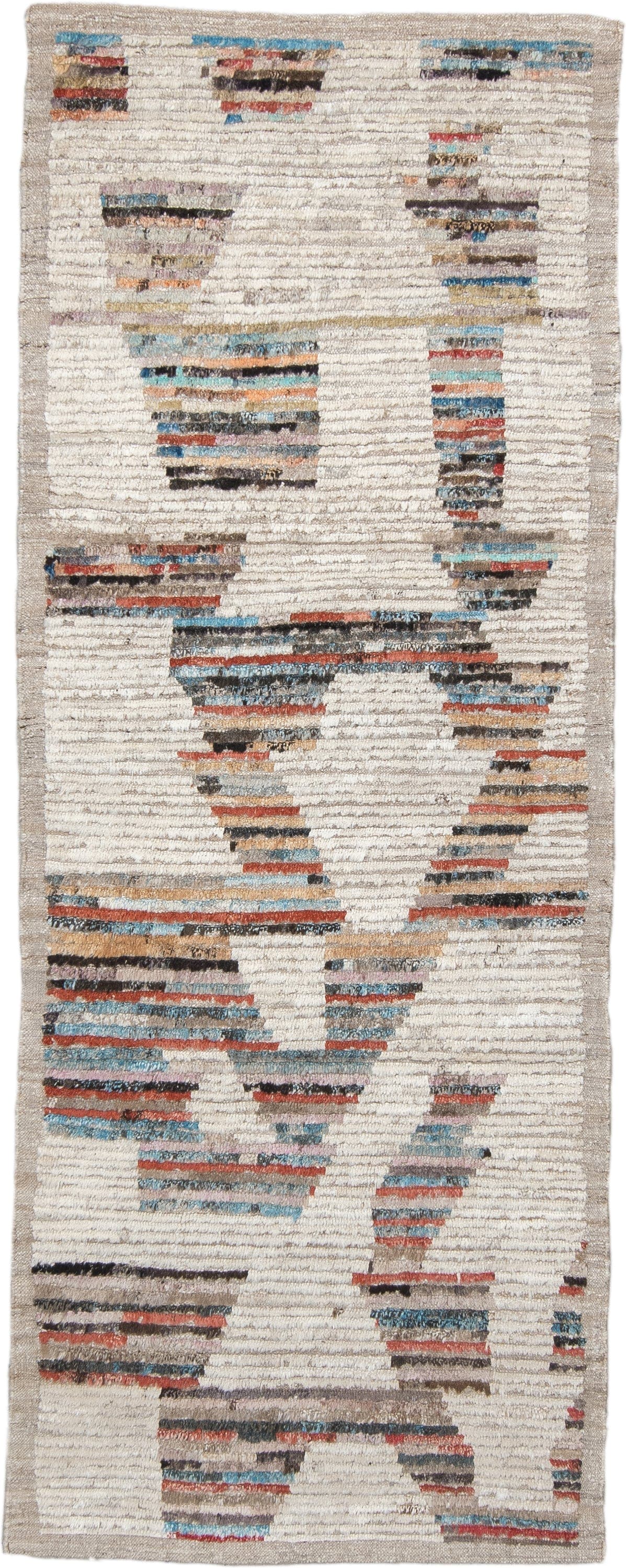 3' x 8' one-of-a-kind handmade vintage Tulu runner rug. Color palette: ivory, taupe, sky blue, rust, charcoal, camel, gray