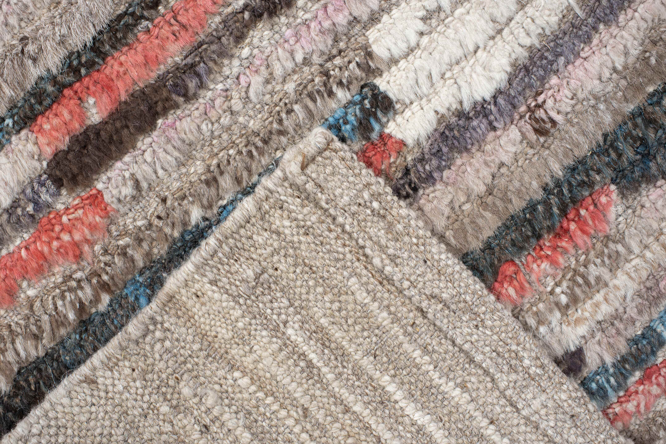 3' x 8' one-of-a-kind handmade vintage Tulu runner rug. Color palette: ivory, taupe, sky blue, rust, charcoal, camel, gray