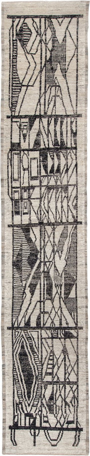 4' x 20' one-of-a-kind handmade vintage Tulu runner rug. Color palette: ivory, charcoal, taupe, gray, black, beige