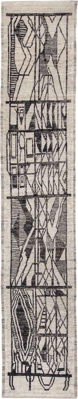 4' x 20' one-of-a-kind handmade vintage Tulu runner rug. Color palette: ivory, charcoal, taupe, gray, black, beige