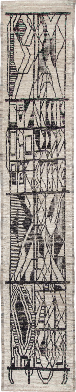 4' x 20' one-of-a-kind handmade vintage Tulu runner rug. Color palette: black, blue, charcoal, dark gray, dim gray, gray