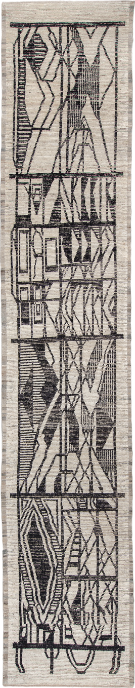 4' x 20' one-of-a-kind handmade vintage Tulu runner rug. Color palette: black, blue, charcoal, dark gray, dim gray, gray