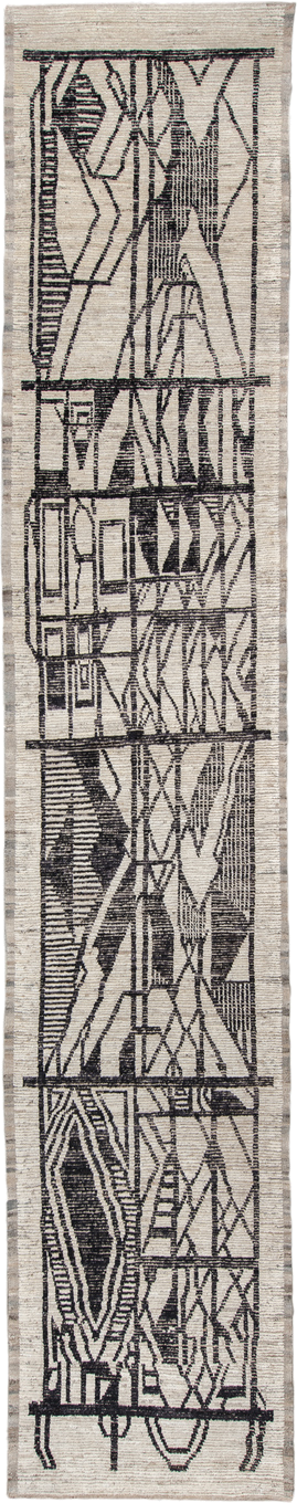 4' x 20' one-of-a-kind handmade vintage Tulu runner rug. Color palette: ivory, charcoal, taupe, gray, black, beige