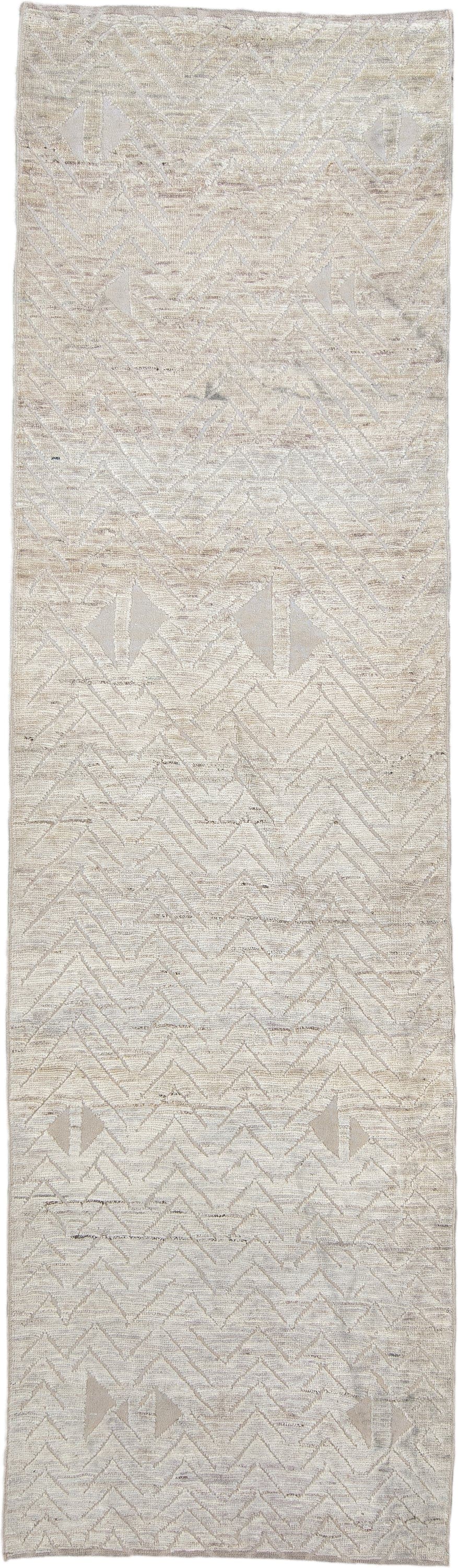 3' x 10' one-of-a-kind handmade vintage Tulu runner rug. Color palette: ivory, cream, taupe, beige, light gray, gray