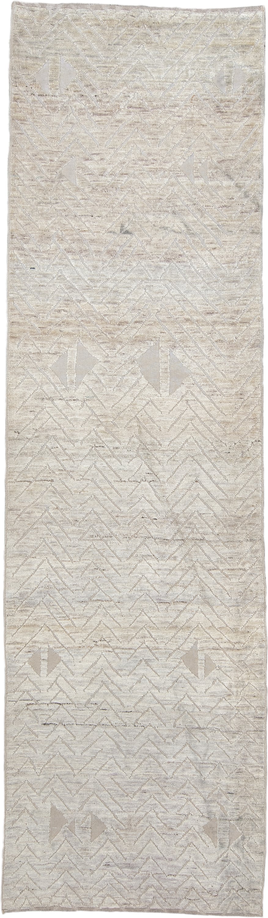 3' x 10' one-of-a-kind handmade vintage Tulu runner rug. Color palette: ivory, cream, taupe, beige, light gray, gray