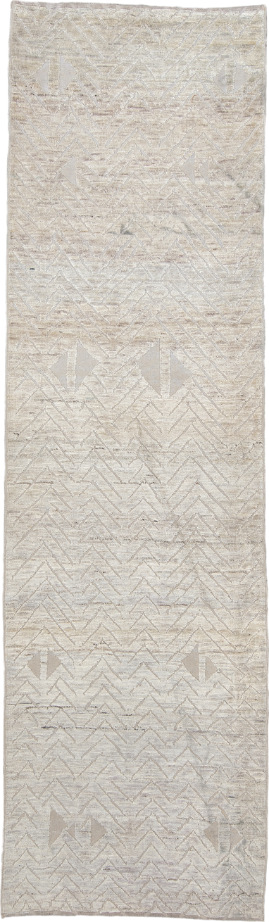 3' x 10' one-of-a-kind handmade vintage Tulu runner rug. Color palette: dark gray, gainsboro, gray, light gray, linen