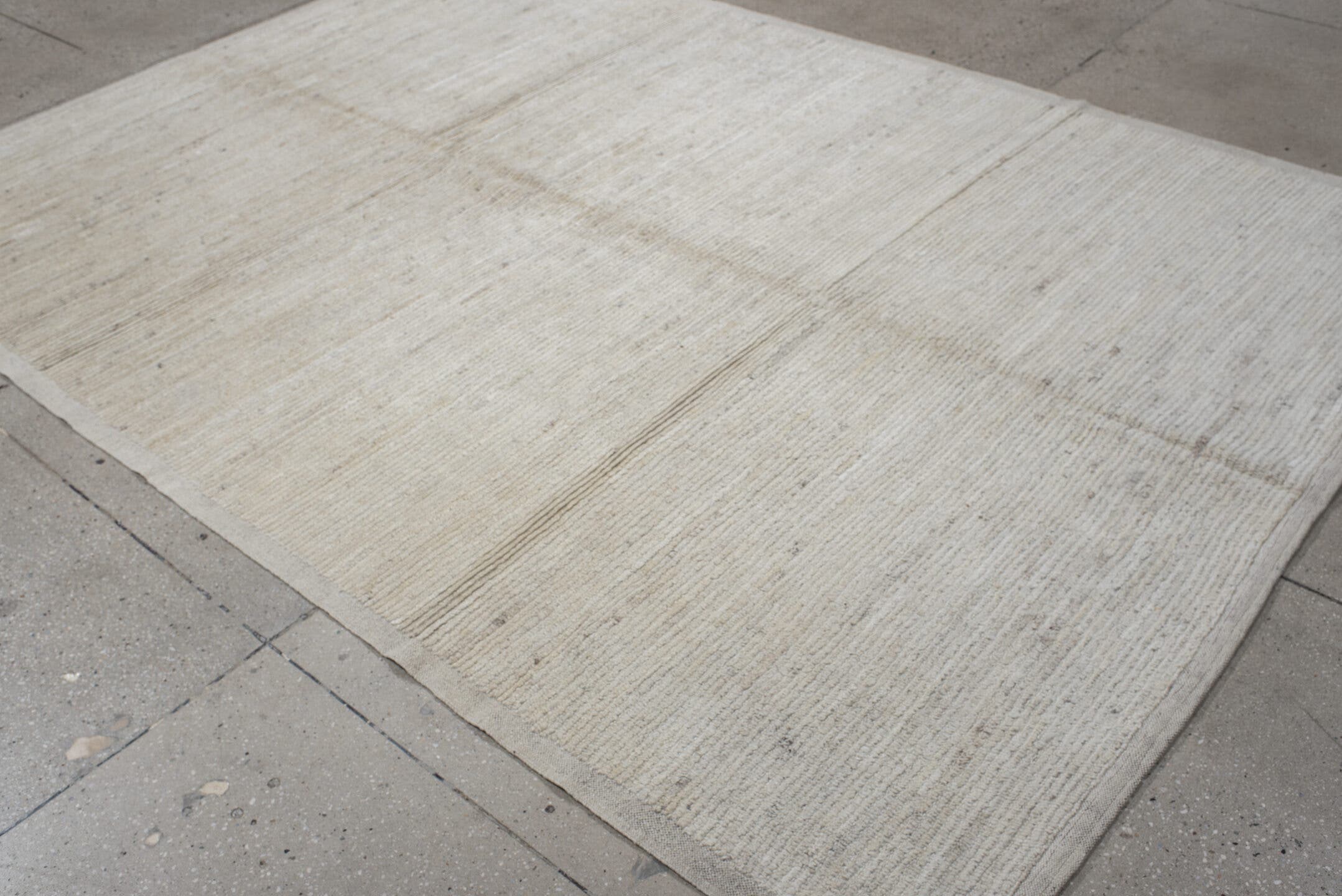 6' x 9' one-of-a-kind handmade vintage Tulu medium size rug. Color palette: ivory, cream, beige, taupe, light gray, gray